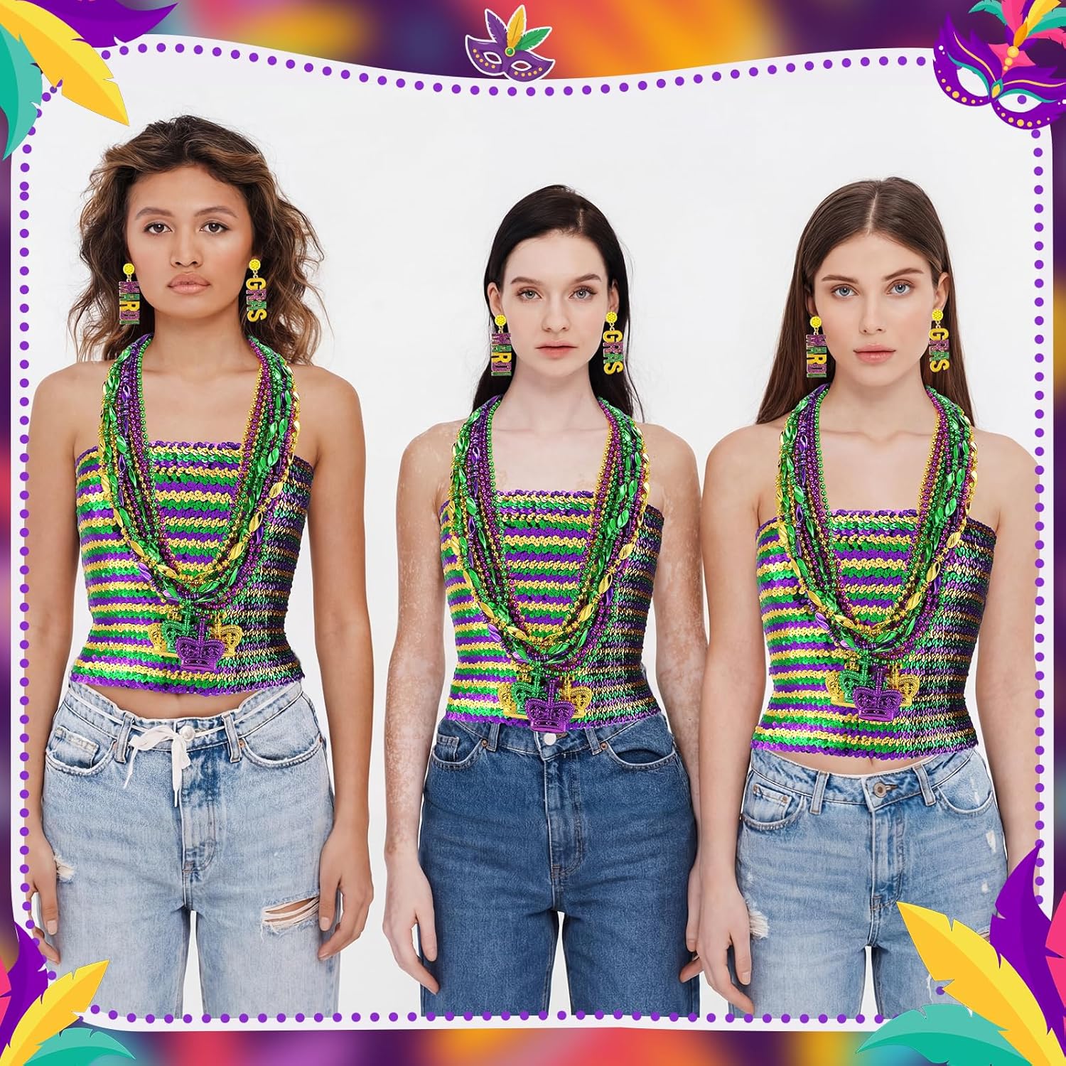 Civaner 16 Pcs Mardi Gras Costume Accessory Outfit Set for Women Include 1 Sequin Tube Top 14 Pcs Mardi Gras Beads Necklaces and 1 Pairs Earrings for Carnival Parades Party Favor Women - Image 6