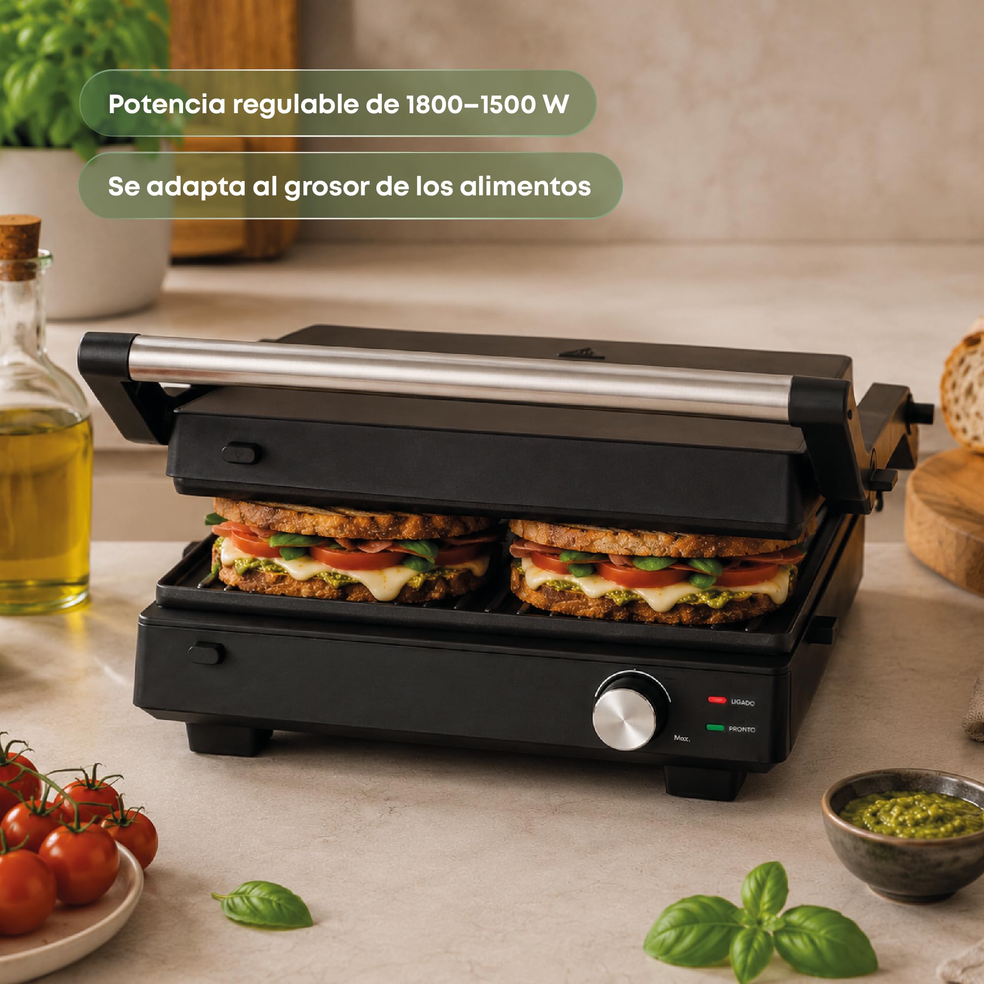 Hoffen Grill de Contacto 3 en 1, 1334 cm2, Placas Lavables Antiadherentes