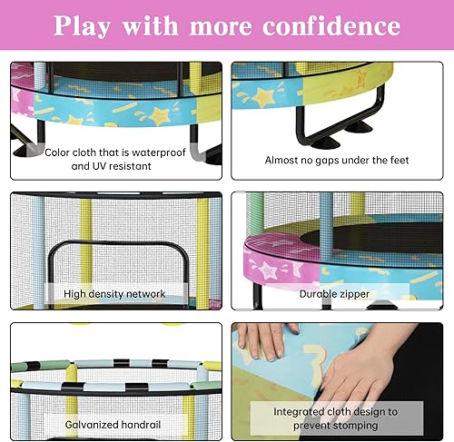 Miniatura 5 de Lamerge Kids Trampoline, Toddler Bouncing Trampoline with Safety Enclosure Net, ASTM-Approved, 500lbs Capacity, Ages 1-8, Adjustable Handrail,