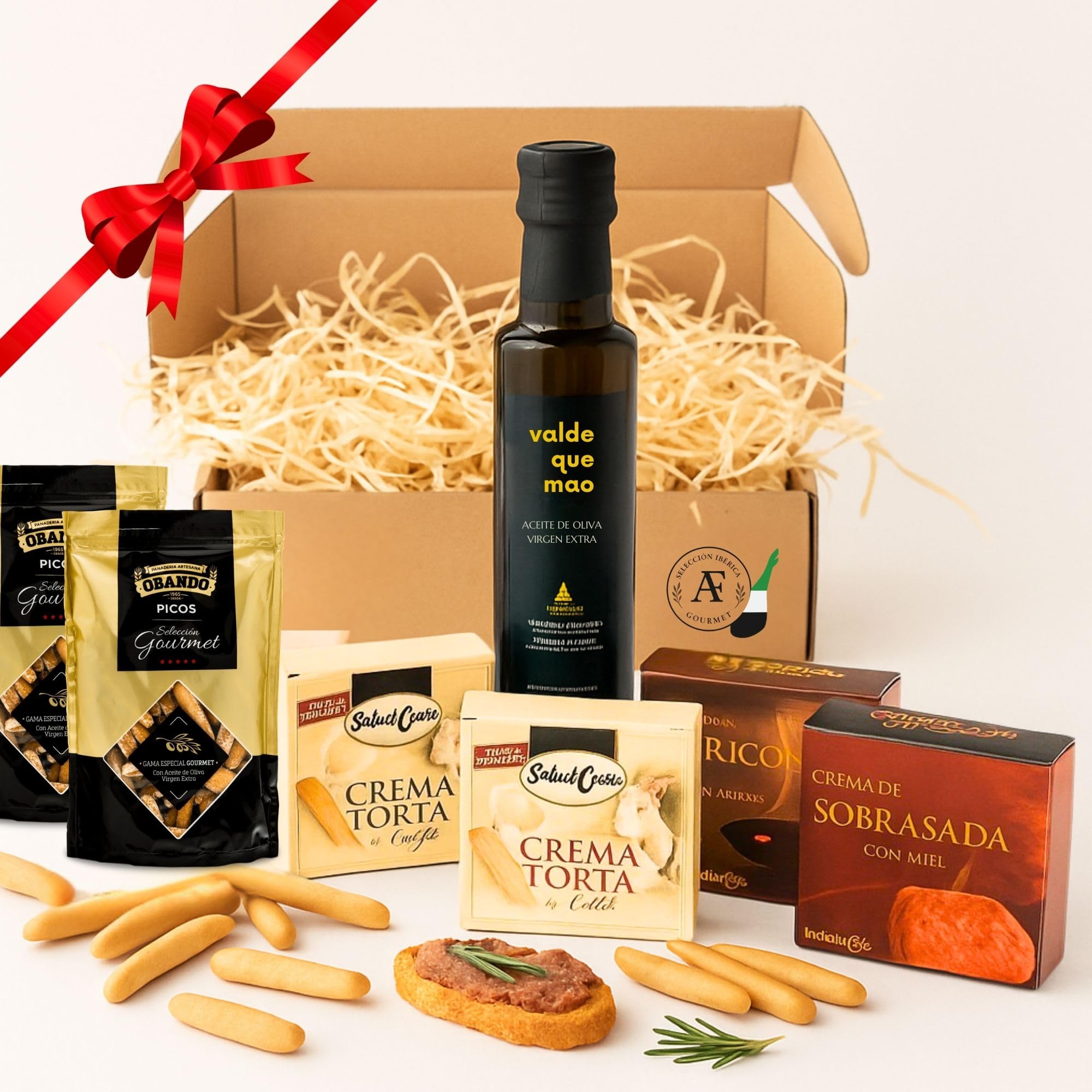 Cesta Gourmet para Regalar ACROL, Aceite oliva virgen extra 250 ml, cremas torta Oveja y Cabra, paté iberico, sobrasada con miel y picos artesanos, regalo cumpleaños mujer, regalos para hombres