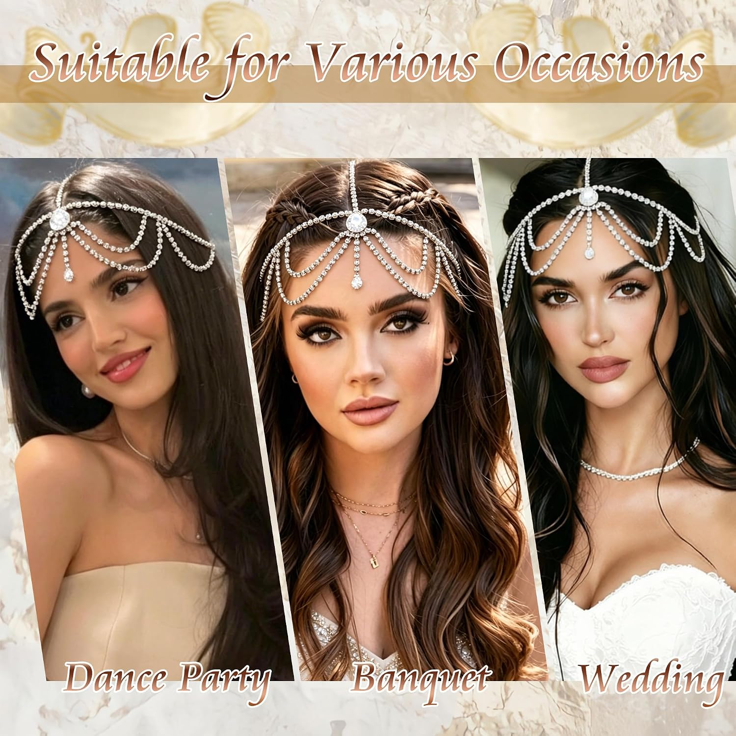 Rhinestone Head Chain Crystal Pendant Headpieces Layered Prom Hair Chains Jewelry Silver Hair Chain Costume with Tassel for Women Girls 1920s Parties Weddings Birthdays Anniversaries