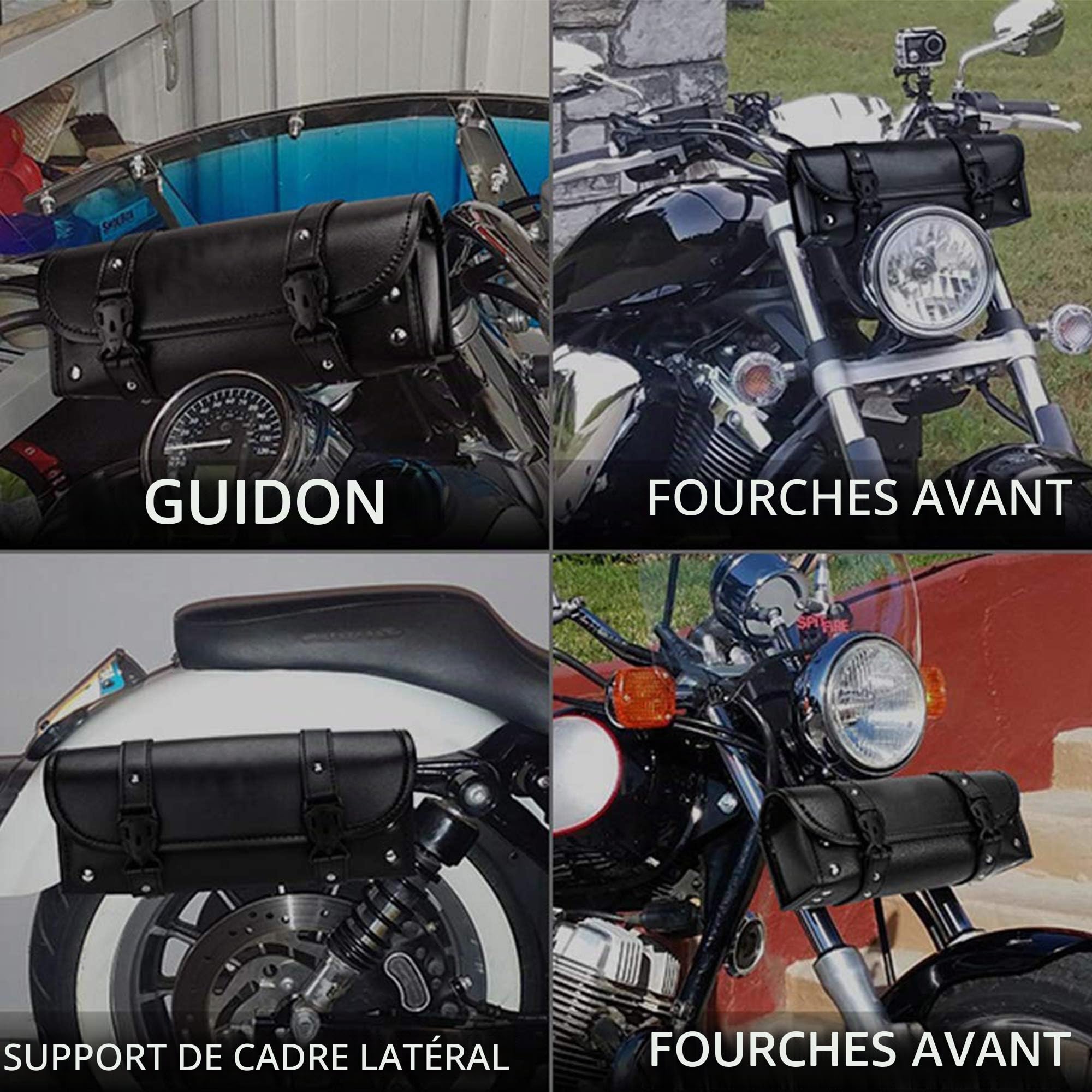 Sacoches Moto Sac à Outils Rond Sac Fourchette en Cuir PU - Noir