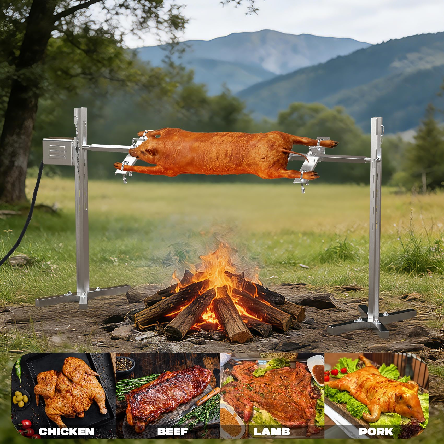 Spanferkelgrill mit Motor 60kg Belastbarkeit, Elektrischer Grillspieß Edelstahl mit 5-Stufig Höhenverstellbar, Spießbratengrill für Lamm, Schwein & Outdoor BBQ Gartenparty