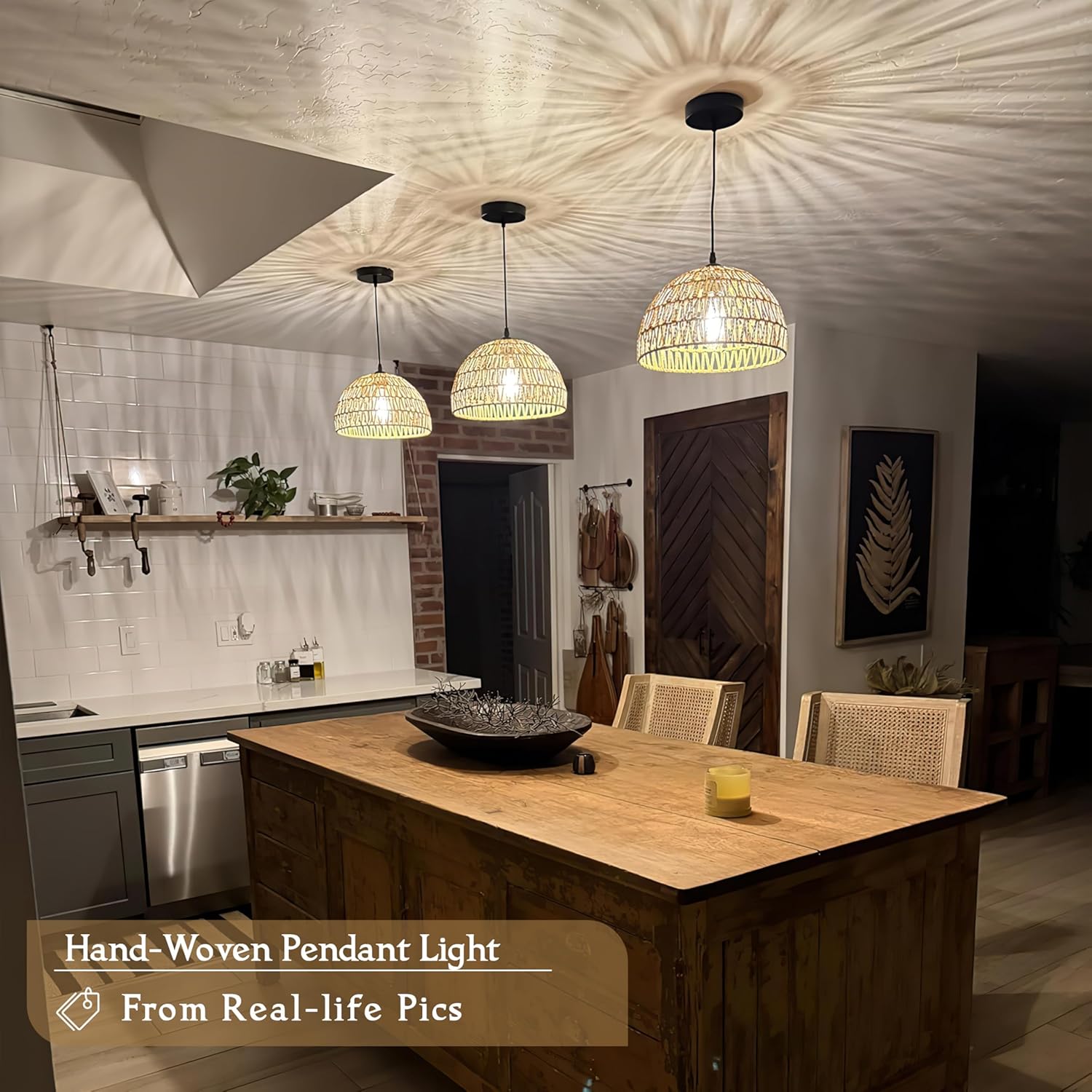Hemp Rope Woven Pendant Light Woven Light Fixture Boho Chandelier Light Fixture Wicker Pendant Lights Rattan Lights Pendant Dome Wicker Chandelier for Dining Room Kitchen Island(Bulb Incl.