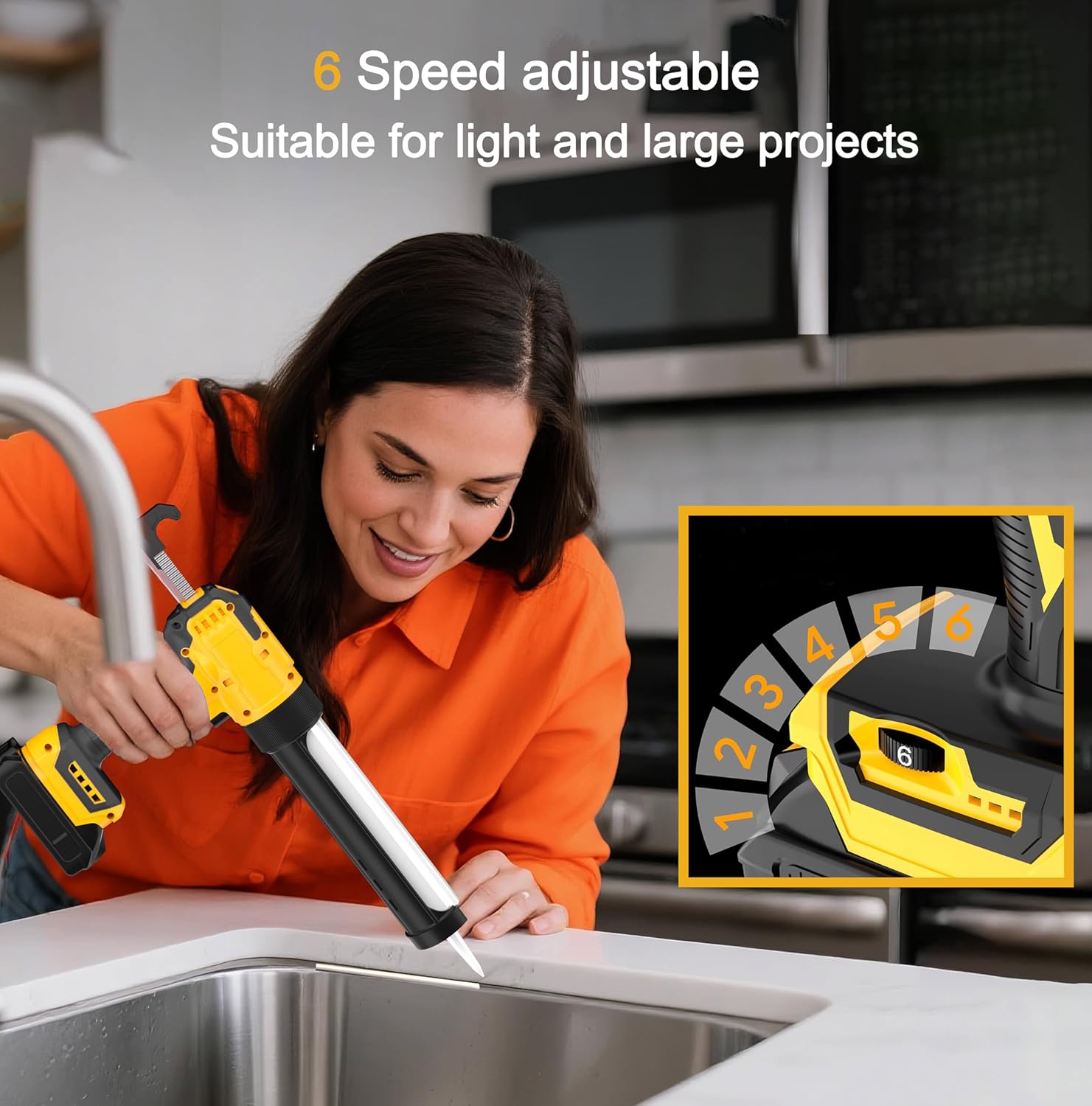 Cordless Caulking Gun Compatible With DeWalt 20V Max Battery, Electric Caulking Gun with LED Light, Filling and Sealing Tool for Windows, Doors, Floors and Walls (Tool Only) (Black)