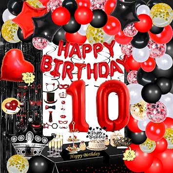 10th Happy Birthday Decorations Kit, Red Happy Birthday Banner Number 10 Balloons, 2Pcs Fringe Curtain Cake Topper Tablecloth,6Pcs Birthday Hats for 10th birthday Party