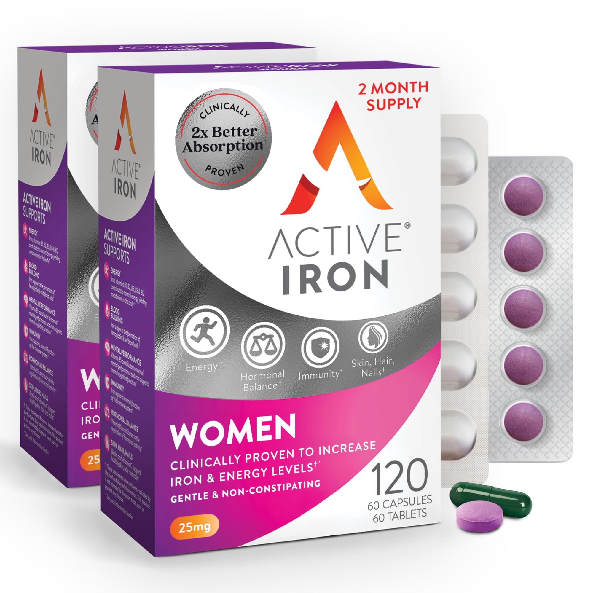 Active Iron Supplement 25mg + Multivitamin for Women,Gentle on Stomach 60 Count (Pack of 2) Woman