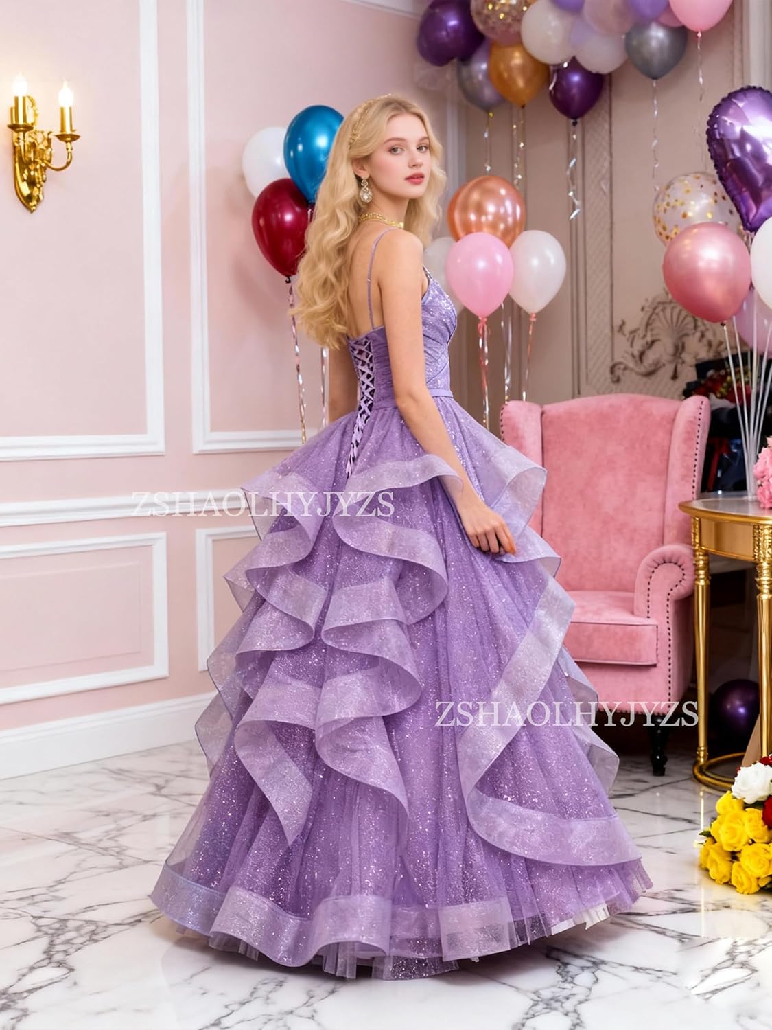 ZSHAOLHYJYZS Glitter Tulle Prom Dresses Spaghetti Straps Ball Gown for Women 2026 Long Formal Dress for Teens - Image 3