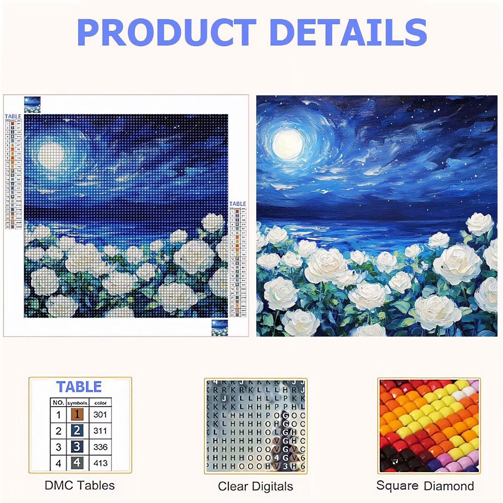 Xiaboor Broderie Diamant Kit Complet 5D, Roses Diamond Painting Adulte Plein Foret, Peinture Diamant pour Adulte Enfant Débutant, Loisirs Créatifs de Détente et Décoration Maison, Lune 90x90cm FX#944