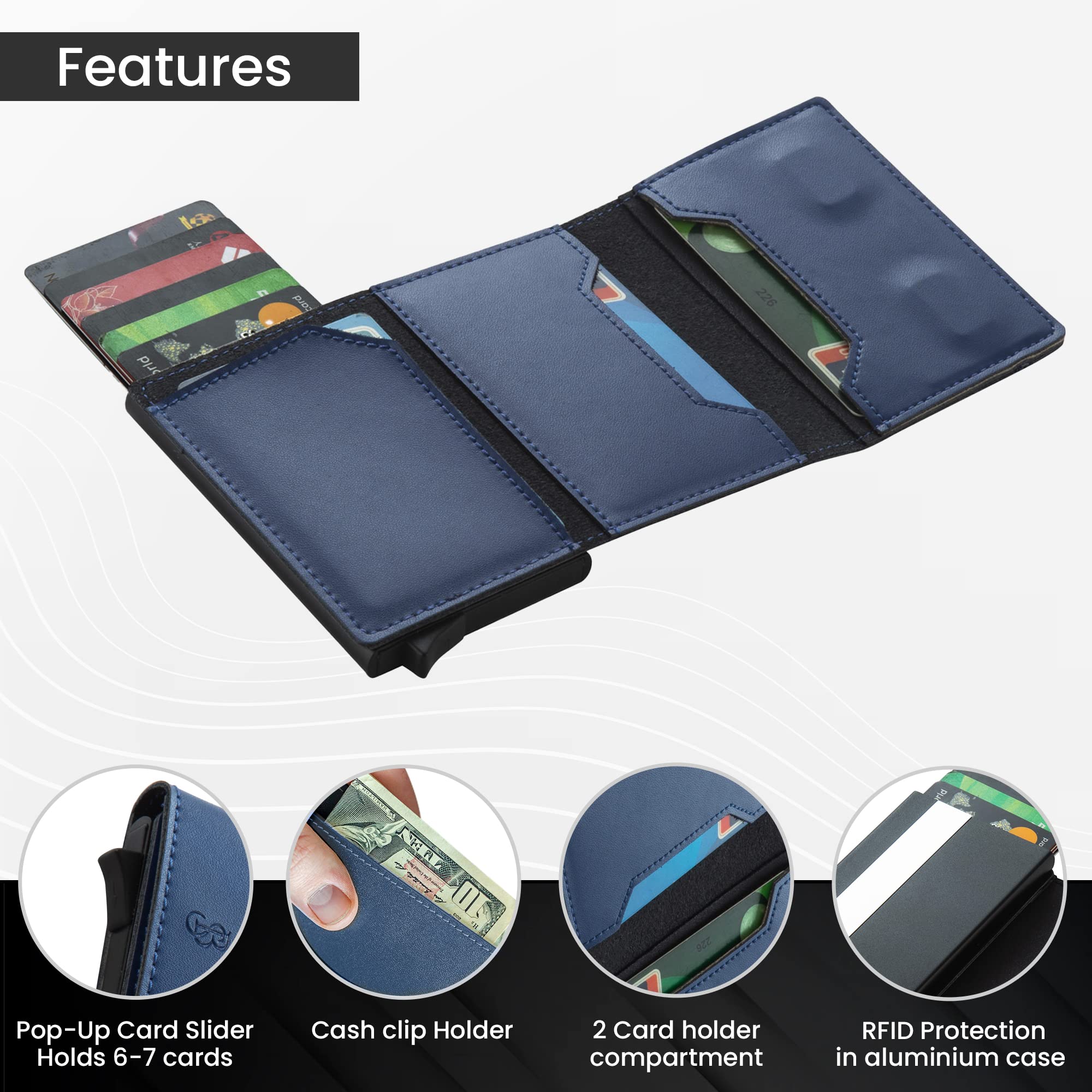 BONNY & SLIDE Magnetyczne etui na karty z kieszenią na pieniądze – wąski portfel typu pop up – etui na karty kredytowe dla małych firm dla mężczyzn i kobiet – mini portfele męskie – blokujące RFID, metalowe, aluminiowe portfele, NIEBIESKI, Etui na karty z