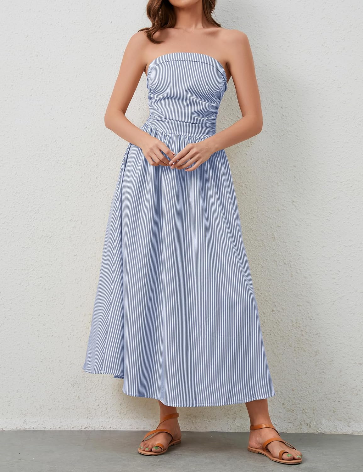 Women Striped Strapless Maxi Dress Summer Casual Sleeveless Flowy Tube Long Dress with Pocket - Image 3