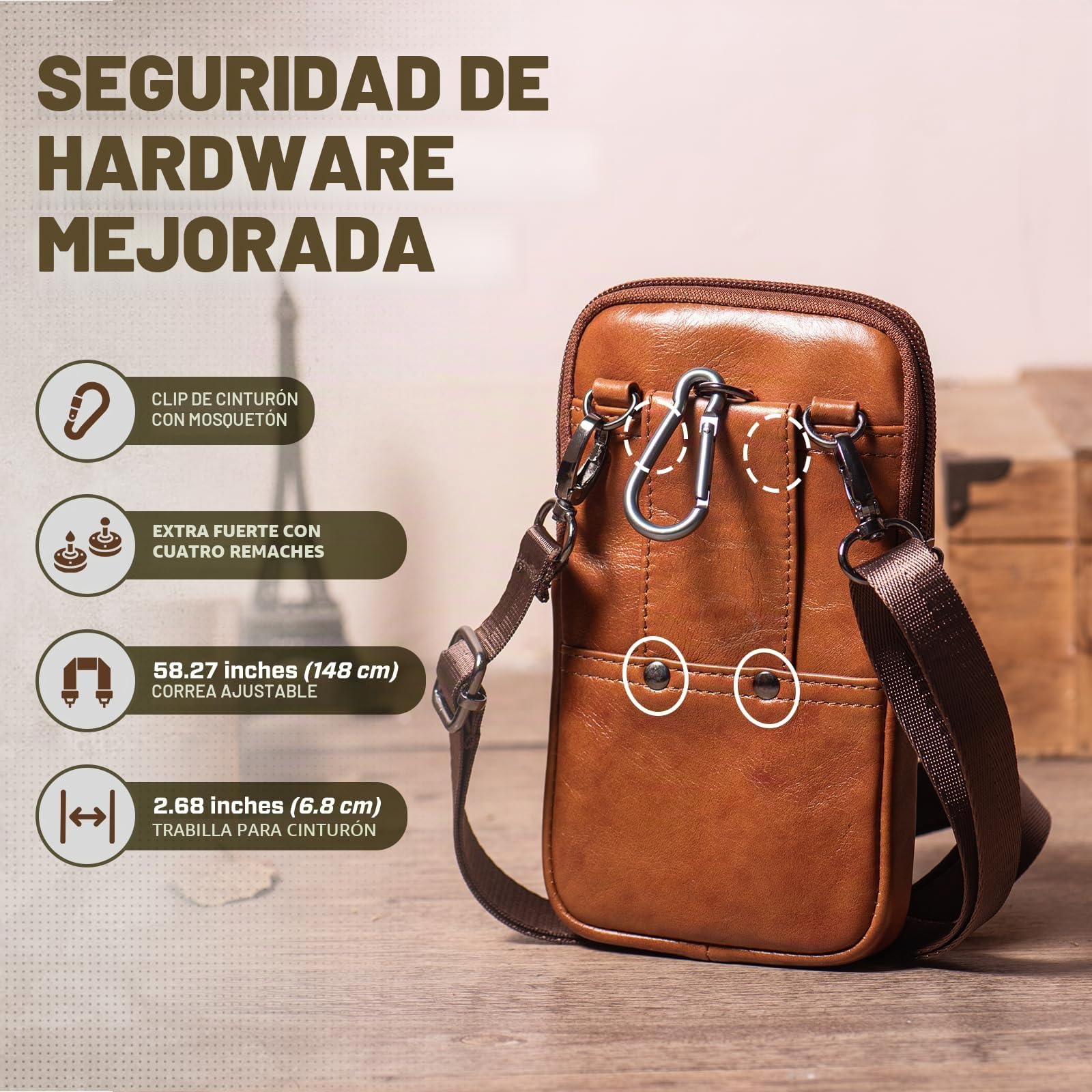 Cuero Genuino Bolsa para móvil, Bolsa de Cinturón, Funda Movil Cinturon para Hombre, Fundón de Teléfono, Bolso Cintura con Presilla