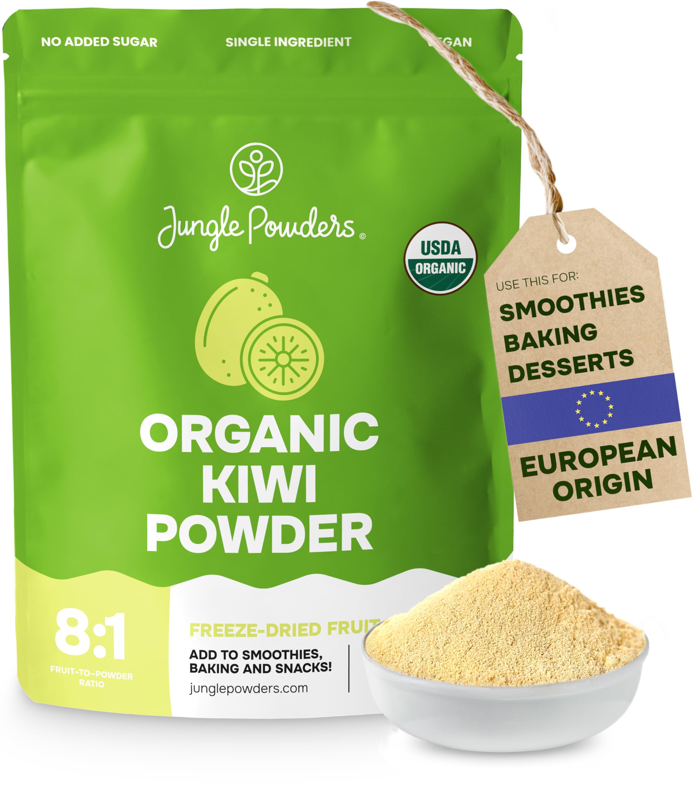 Jungle Powders Organic Kiwi Fruit Powder 5 Ounce Bag Freeze Dried Kiwi Organic Smoothie 3rd Party Lab Tested Kiwis No Added Sugar Whole Fruit Powder for Baking Flavoring Freeze Dry Extract for Baking