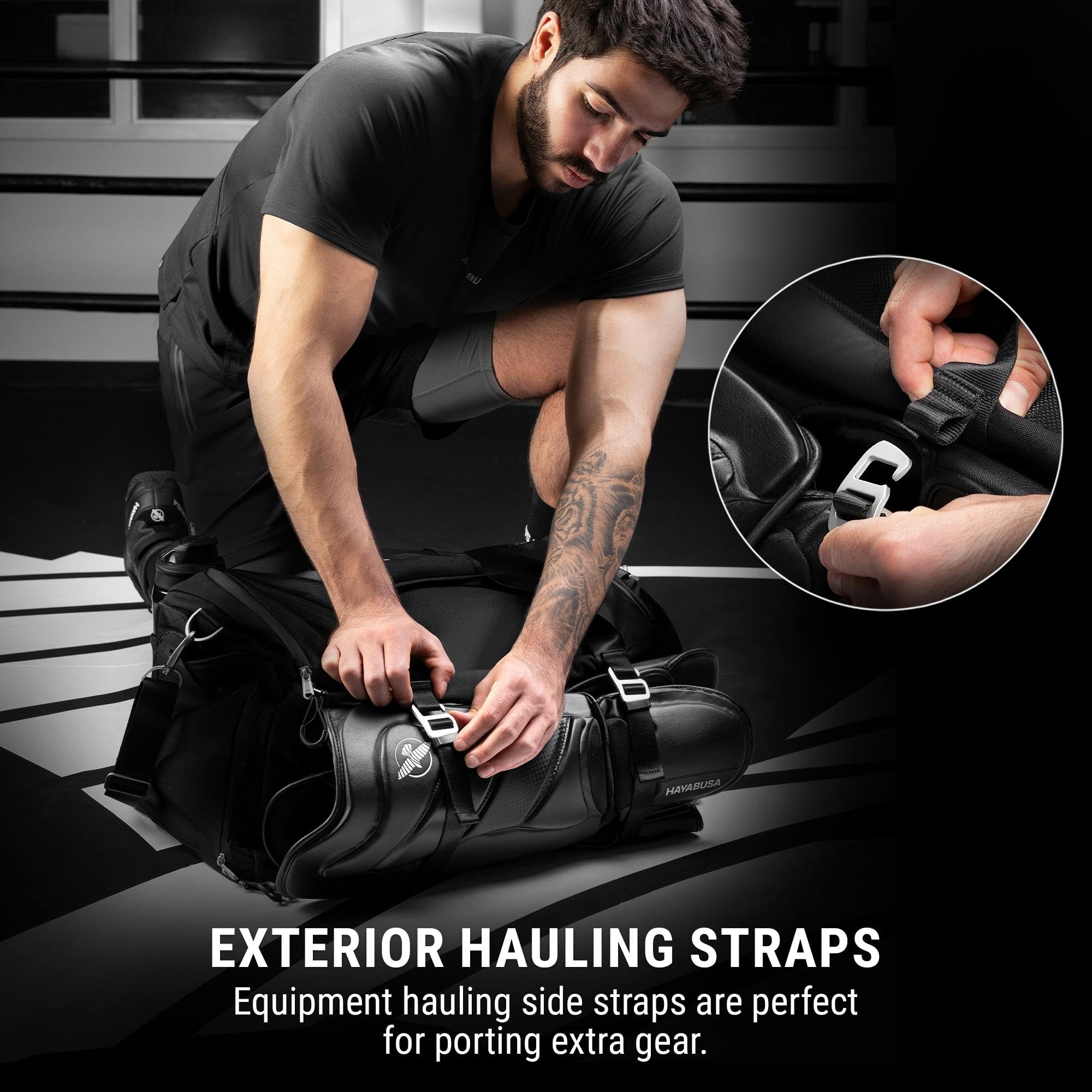 Hayabusa Airstream Bolsa de gimnasio negra 50 l 7 bolsillos con cremallera para viajes boxeo MMA BJJ kickboxing