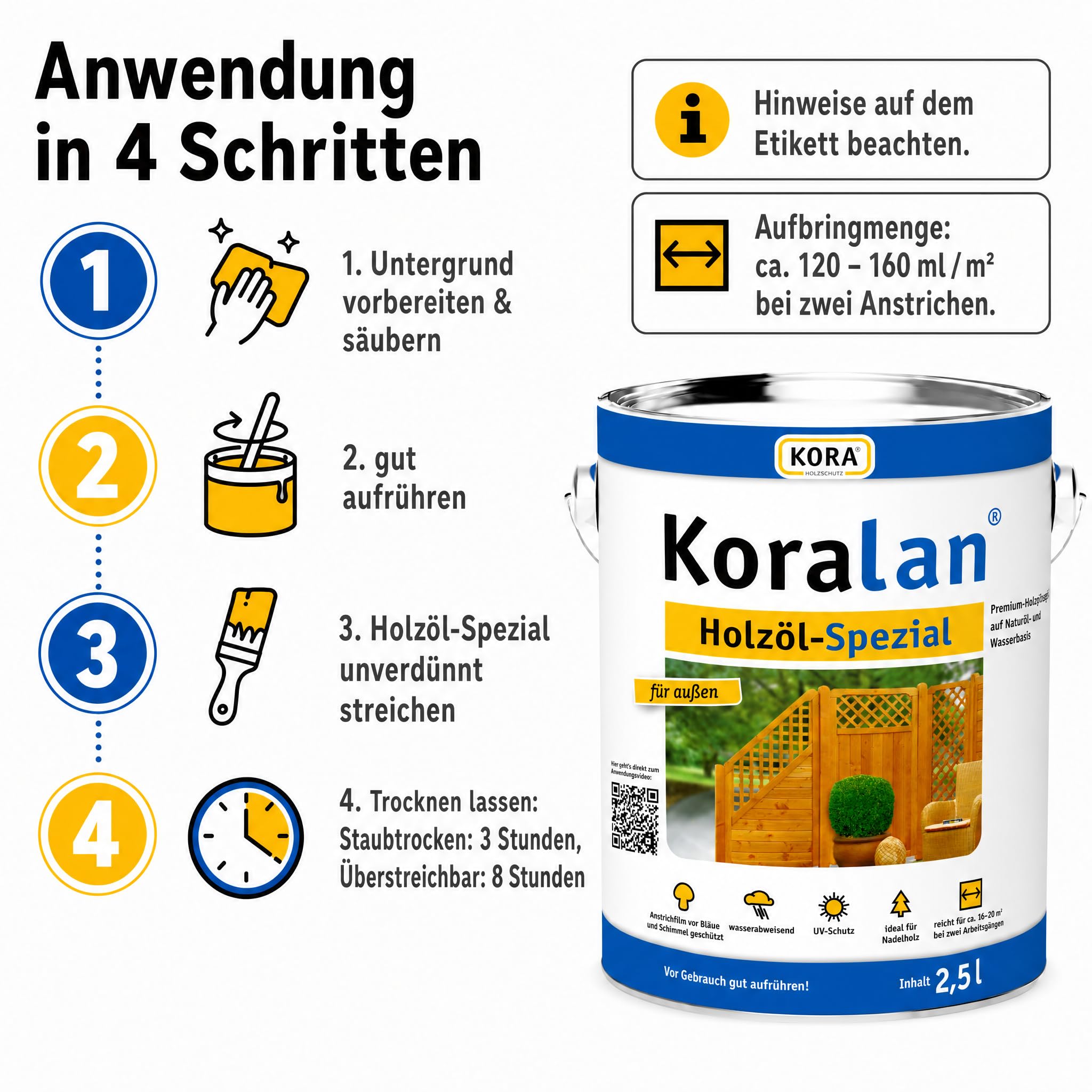 KORA® Koralan® Holzöl-Spezial außen – Premium Holzöl ideal für Nadelholz, z. B. Terrassen, Gartenmöbel & Holzfassaden – UV-Schutz, wetterfest, Schutz vor Vergrauung (Eiche hell, 10L)
