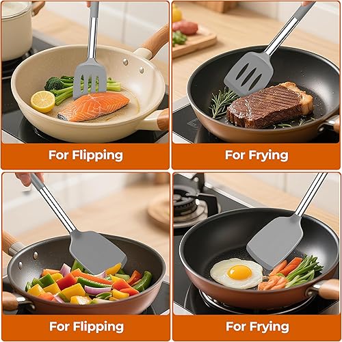 Miniatura 2 de Juego de 2 espátulas de silicona sólidas y ranuradas, para voltear pescado, panqueques, huevos, a prueba de arañazos para sartenes antiadherentes,