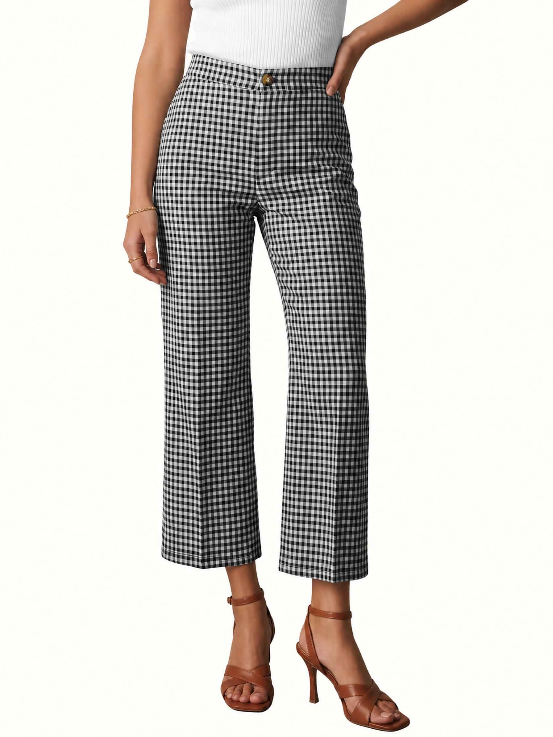 Tankaneo Womens Gingham Pants Plaid Cropped Trousers Pants with Pockets Business Casual, High Waist, Straight Leg, Stretchy, Soft, Checkered Pants
