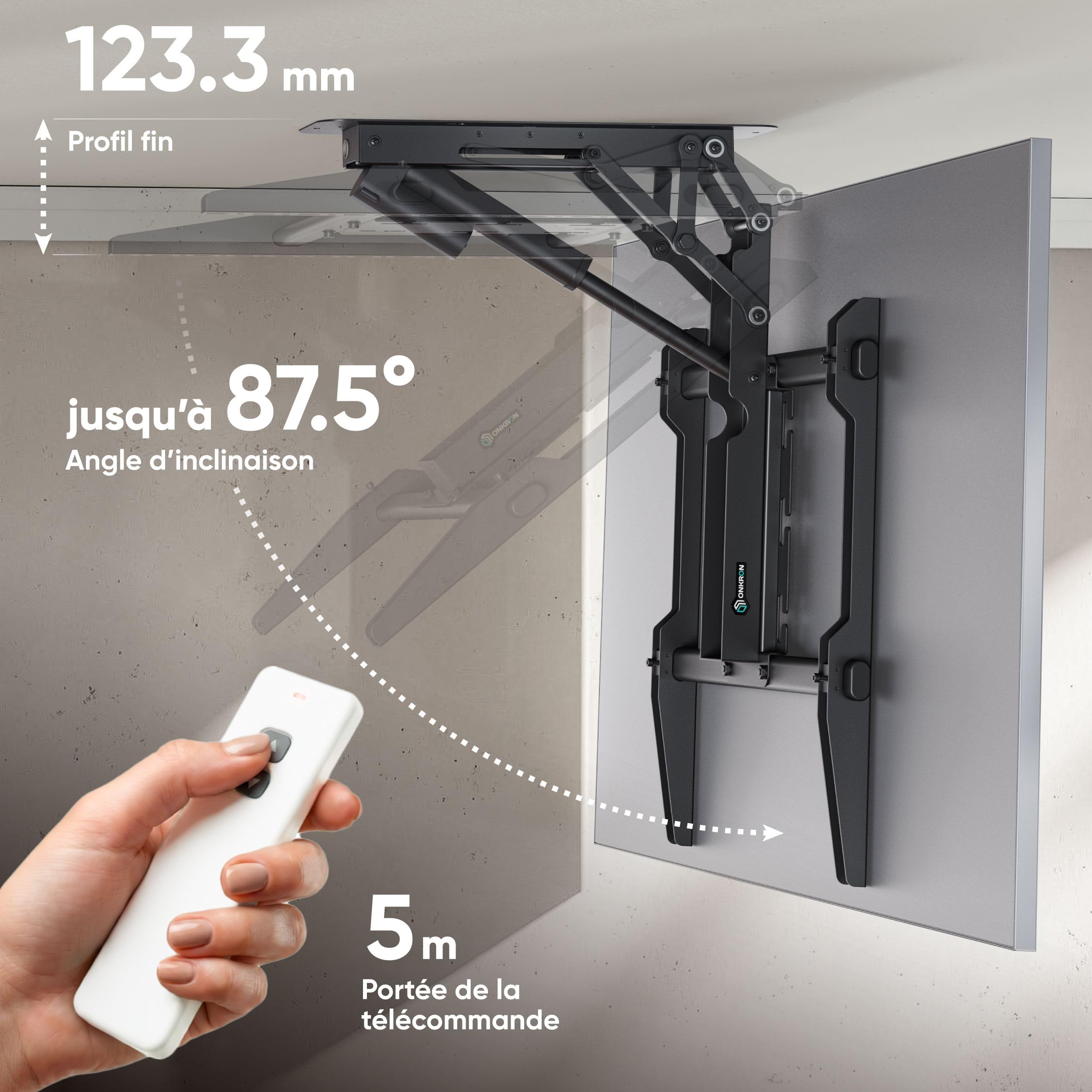 ONKRON Support TV Plafond Motorisé pour 50-75 Pouces Téléviseur Jusqu’à 40 kg, Support Tele Motorisé VESA 200x200-600x600, Accroche Tele Electrique, Fixation Television sous Pente Noir N3LE-B
