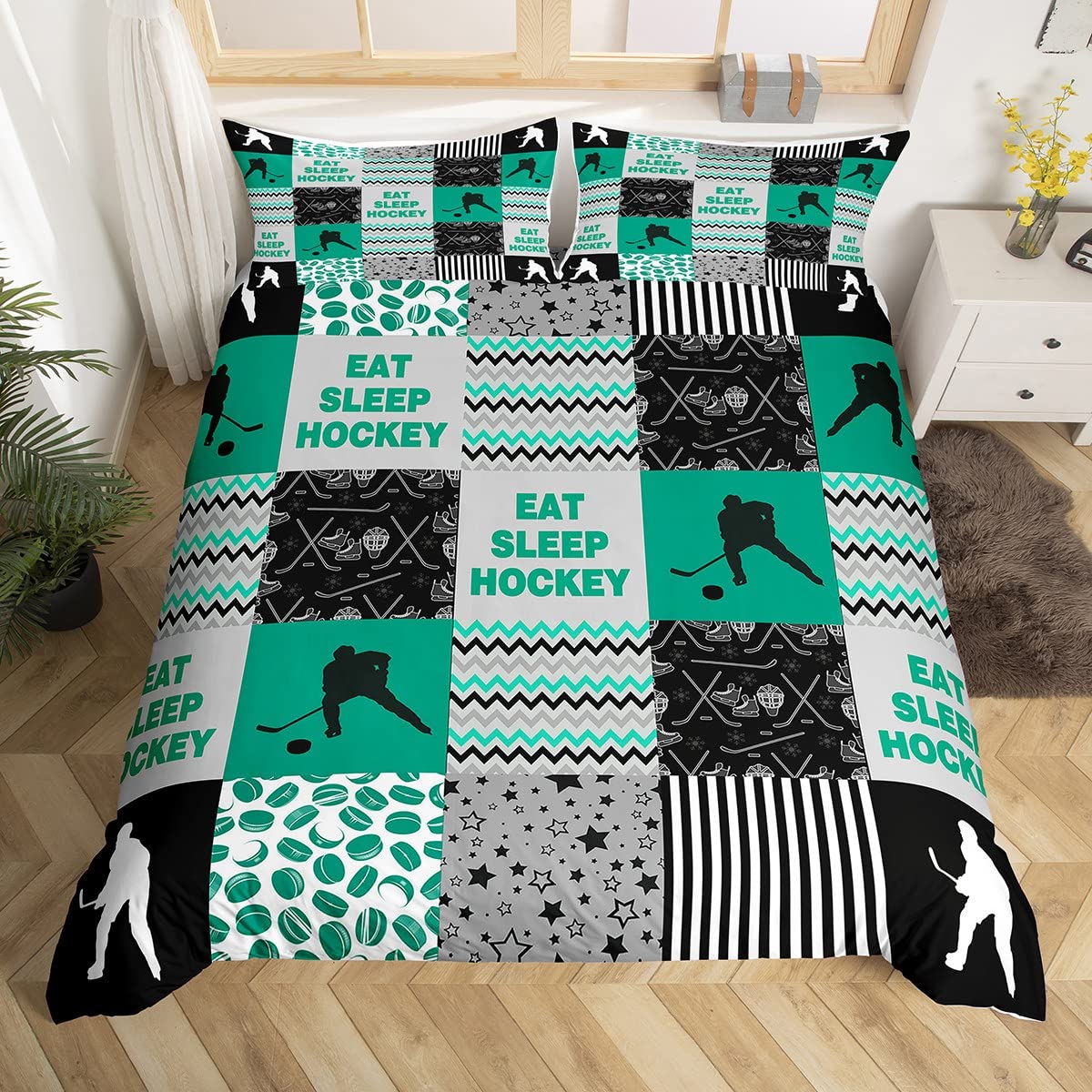 Ice Hockey Bedding Set Kids Hockey Player Hockey Punk Comforter Cover Set for Boys Girls Men Winter Sports Duvet Cover Breathable Green Grid Geometric Bedspread Cover Room Decor Quilt Cover Queen