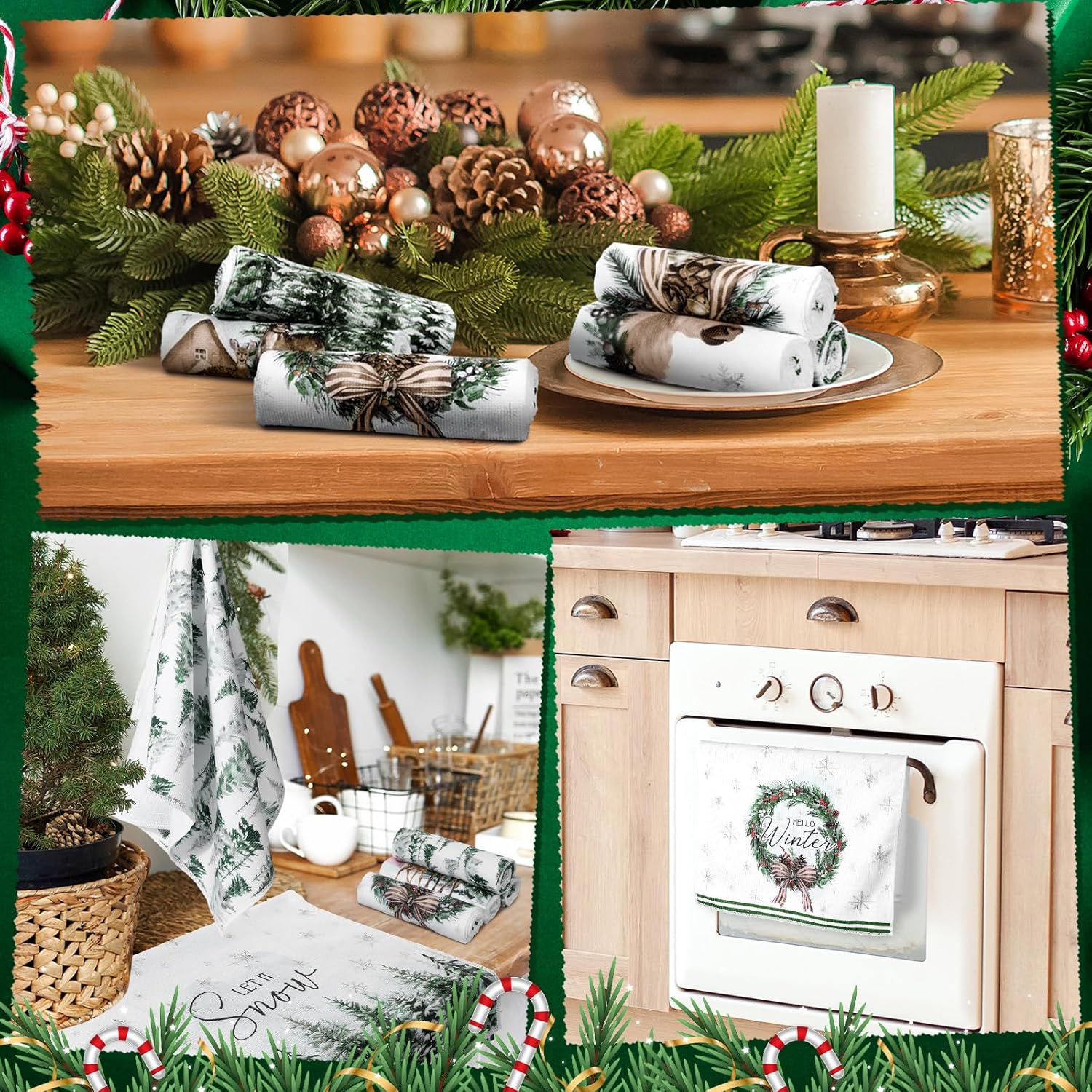 6 Pcs Winter Kitchen Towels Green Forest Wonderland Dish Towel 21 x 14 Inch Decorative Absorbent Winter Hand Towels Holiday Tea Towel for Kitchen Bathroom Farmhouse Gift - Image 5