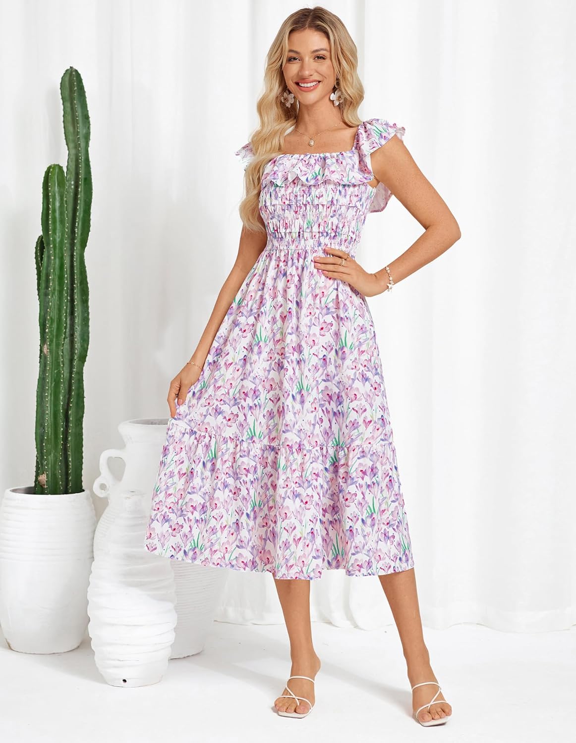 GRACE KARIN Women's Off Shoulder Floral Summer Ruffle Midi Sleeveless Boho Smocked Flowy Aline Dresses