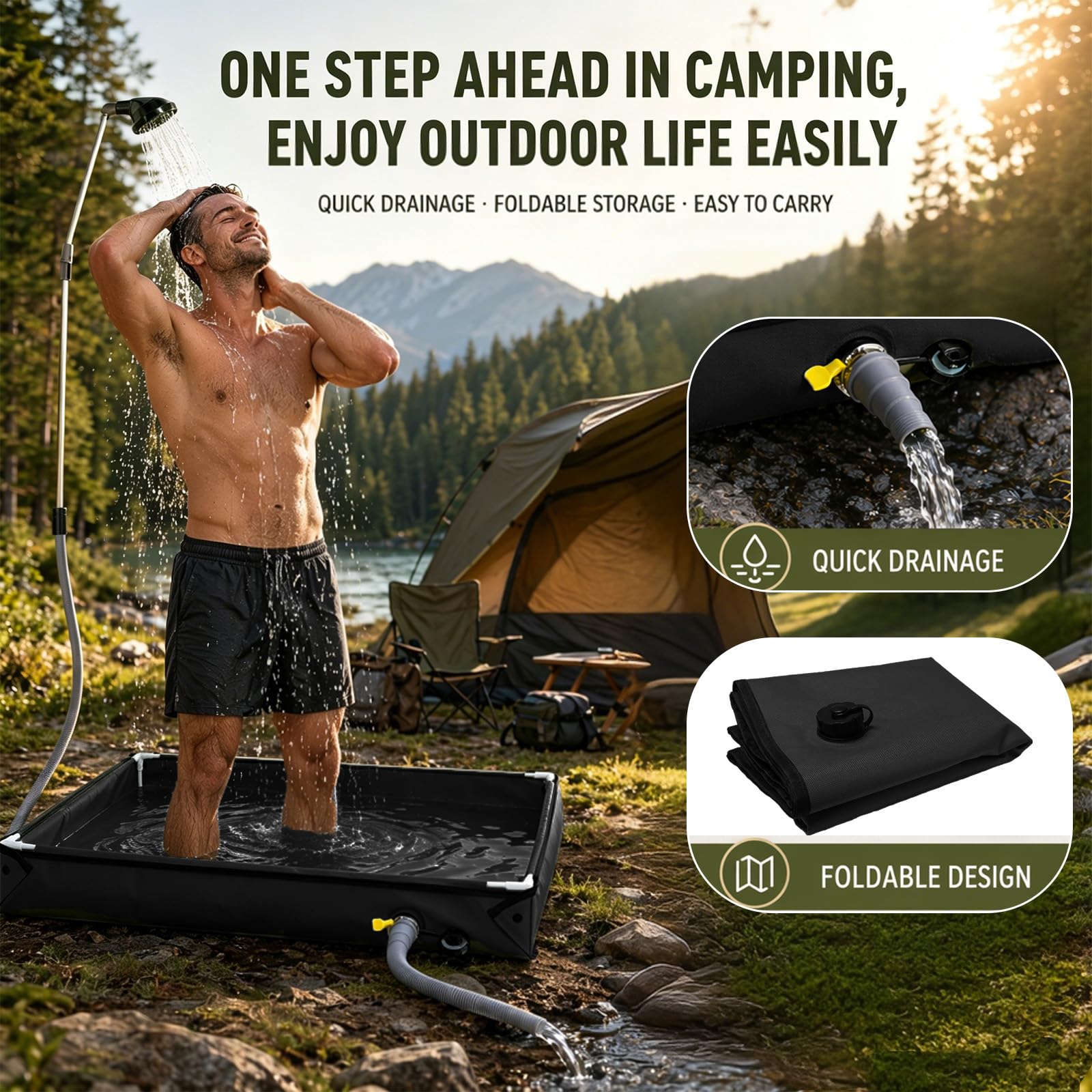 Bac à douche pliable 80x80x10 cm, bac à douche portable avec tuyau d’évacuation, bâche de tente de toit imperméable Oxford durable pour l’intérieur et l’extérieur, base de douche de camping pour plage