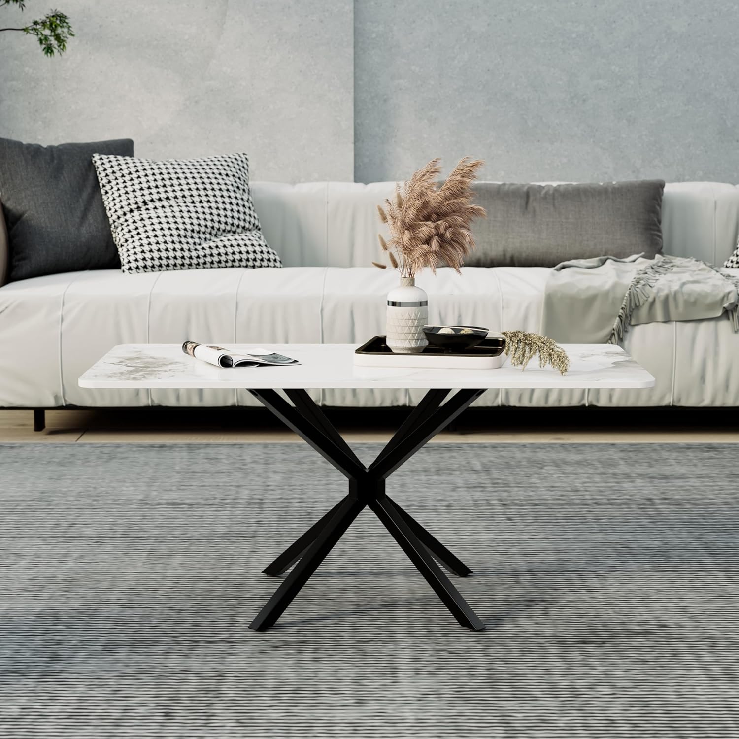 White Marble Coffee Table Modern 40 Inch Living Room Table with Rectangle Sintered Stone Top and Black Metal Legs Stylish Center Table for Living Room Bedroom