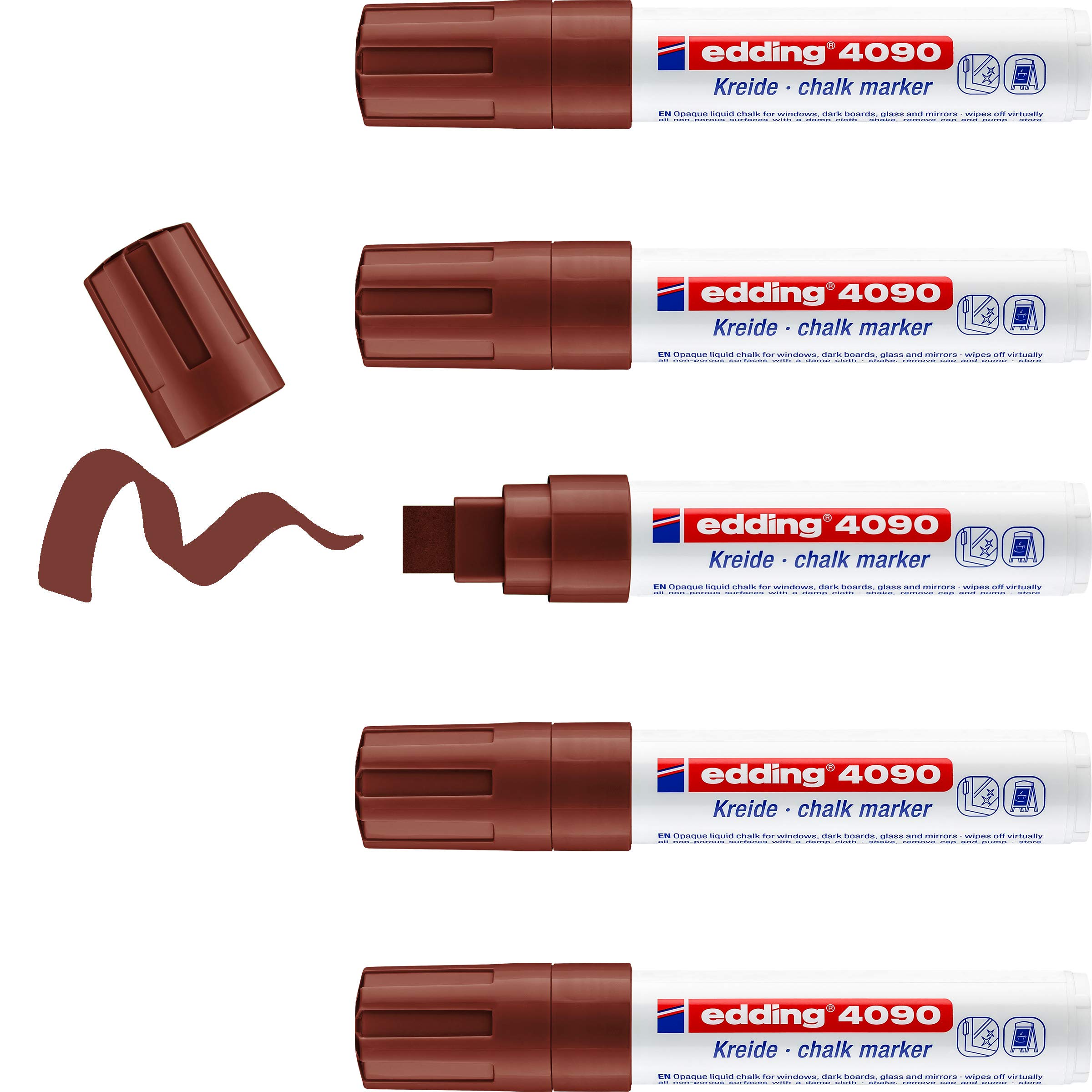 edding 4090 Chalk Marker - Brown - 5 Chalk pens - Chisel tip 4-15 mm - Broad-Tipped Wet Wipe Pen for chalkboards, Windows, Glass, Mirrors - Liquid Chalk Marker pens for Opaque Coverage