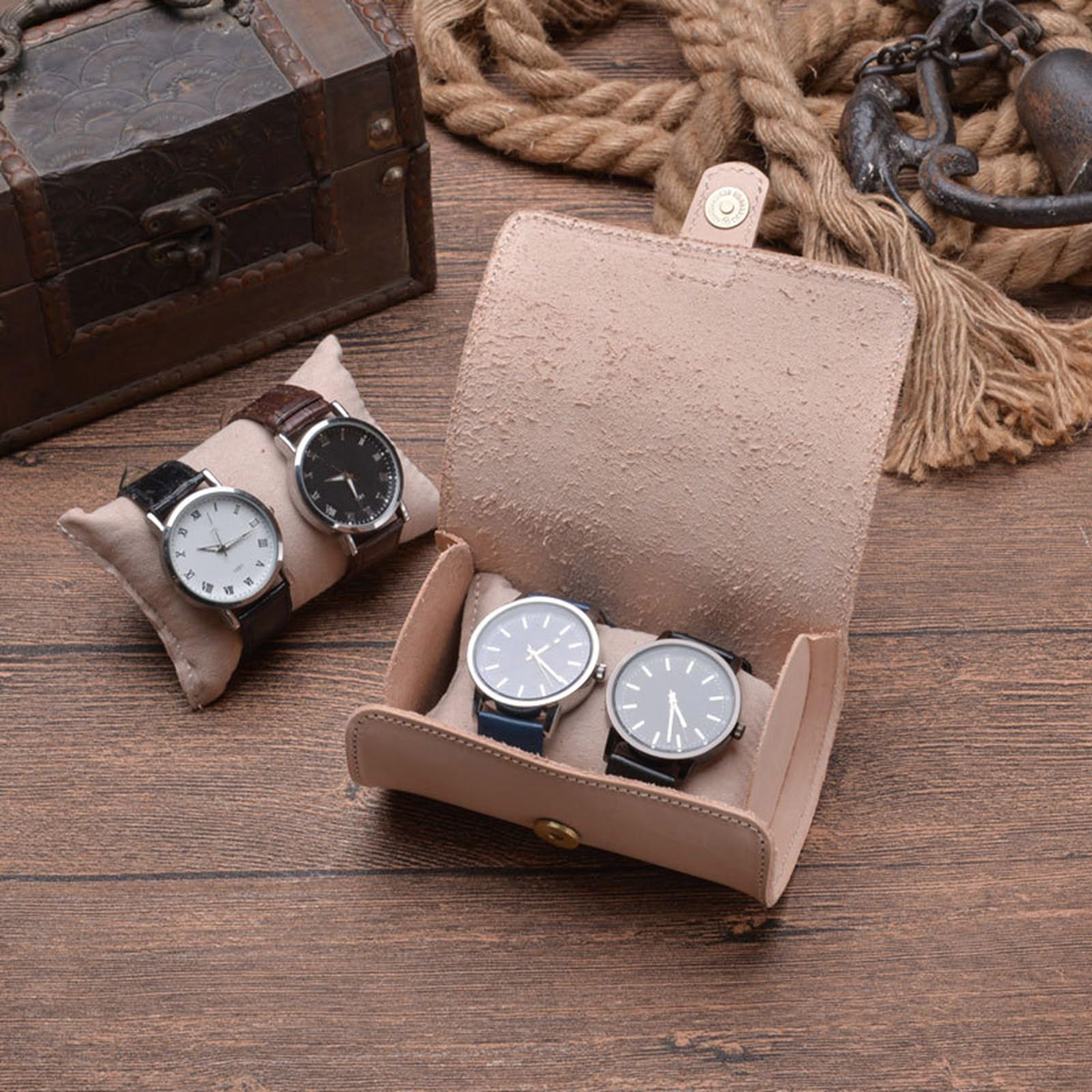 Elegante caja de exhibición de reloj de cuero con 2 ranuras, caja de presentación de reloj de pulsera, contenedor de almacenamiento práctico soporte de accesorios