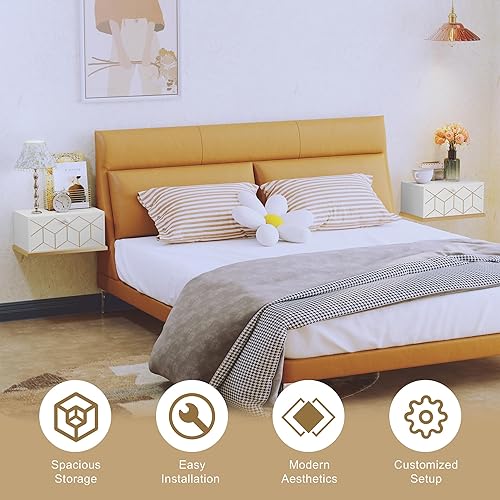 Miniatura 3 de HLR Mesita de noche flotante, mesita de noche pequeña con puerta de solapa, mesita de noche montada en la pared para dormitorios, color blanco