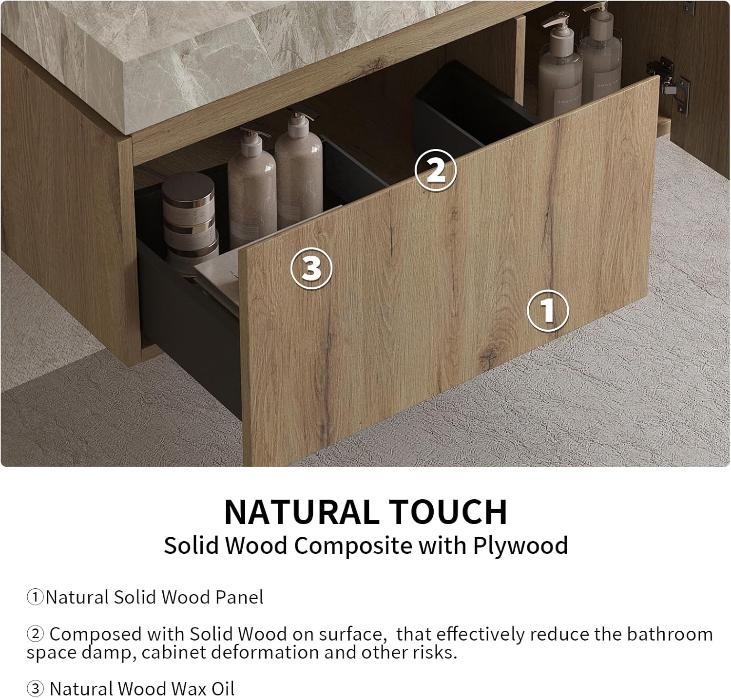LKTART Floating 36 Inch Bathroom Vanity with Sink, Modern Plywood Wall Mounted Bathroom Storage Cabinet with 1 Door and 1 Drawer, Roma Travertine-Pattern Sintered Stone Countertop and Ceramic Basin
