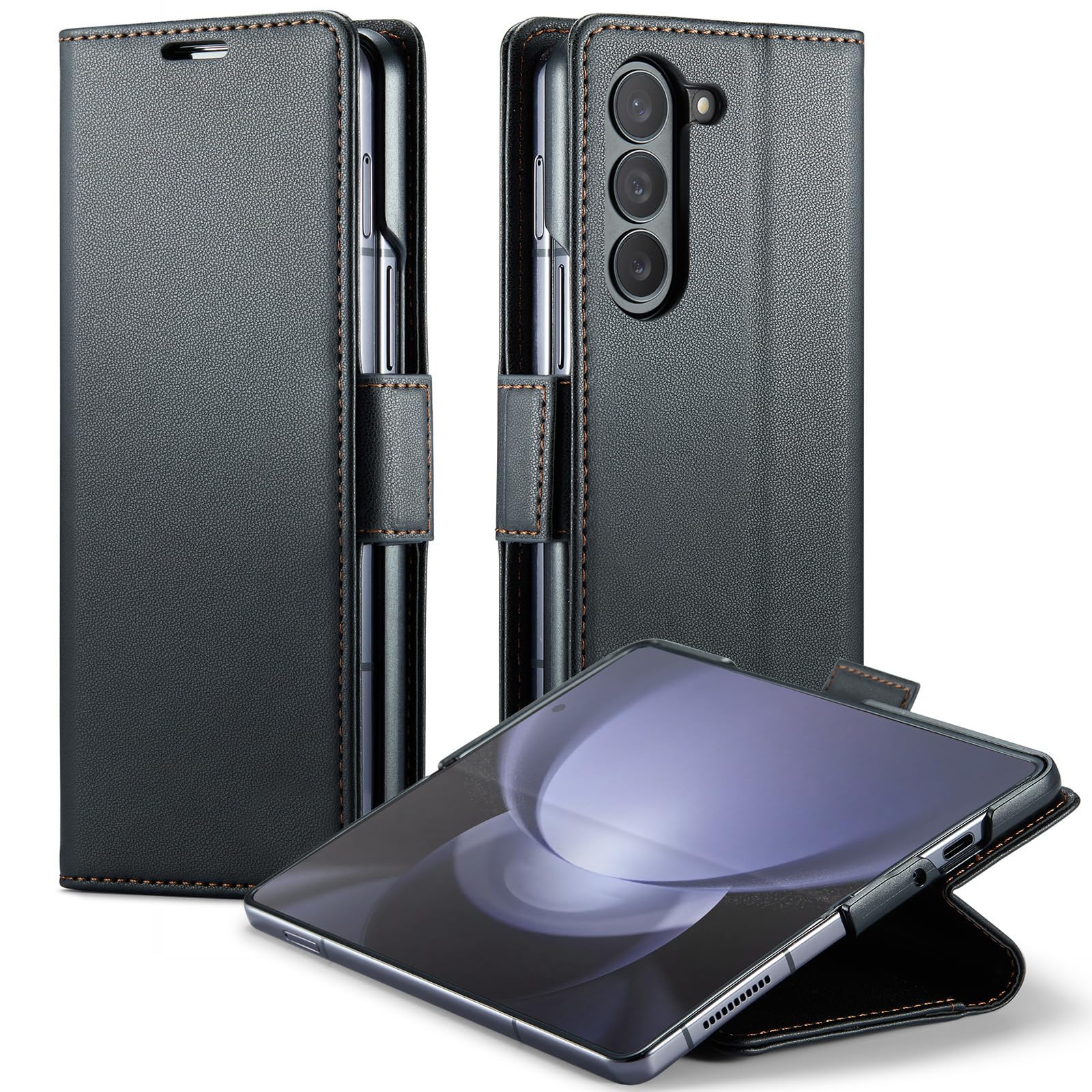 Etui portfelowe na telefon Samsung Galaxy Z Fold 6, retro biznesowe etui z klapką, skórzane etui z magnetycznym zapięciem, przegródki na karty, podpórka, odporne na wstrząsy etui, czarne