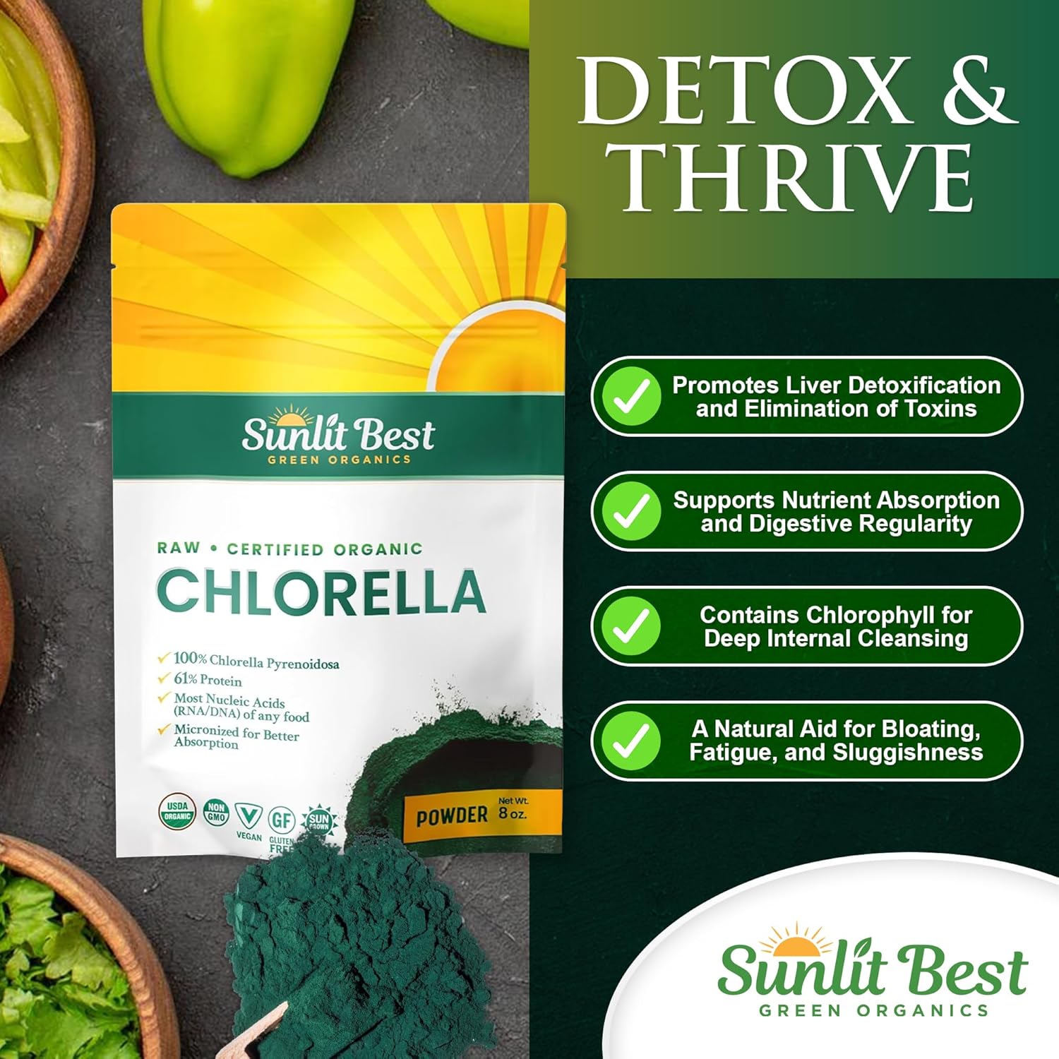 Sunlit Best Chlorella Powder Organic USDA, Green Algae Chlorella Powder, Broken Cell Wall Chlorellas, Raw Vegan Protein Chlorophyll - Non GMO, Gluten Free Superfood, Immune Support Supplement, 8 oz - Image 4
