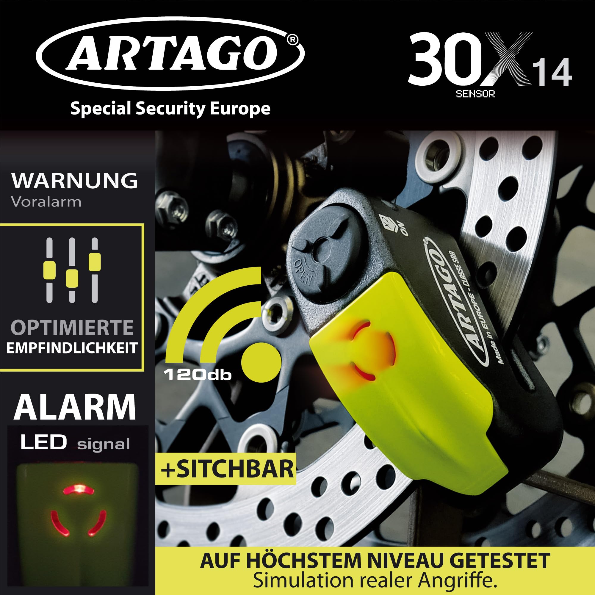 Artago 30X14 Motorradschloss Bremsscheibenschloss Alarm Don't Touch 120 dB hochwertig, ø14 Doppelverriegelung, Sold Secure Gold SRA homologiert, Bunker Selection, Schwarz/Gelb, 14 mm
