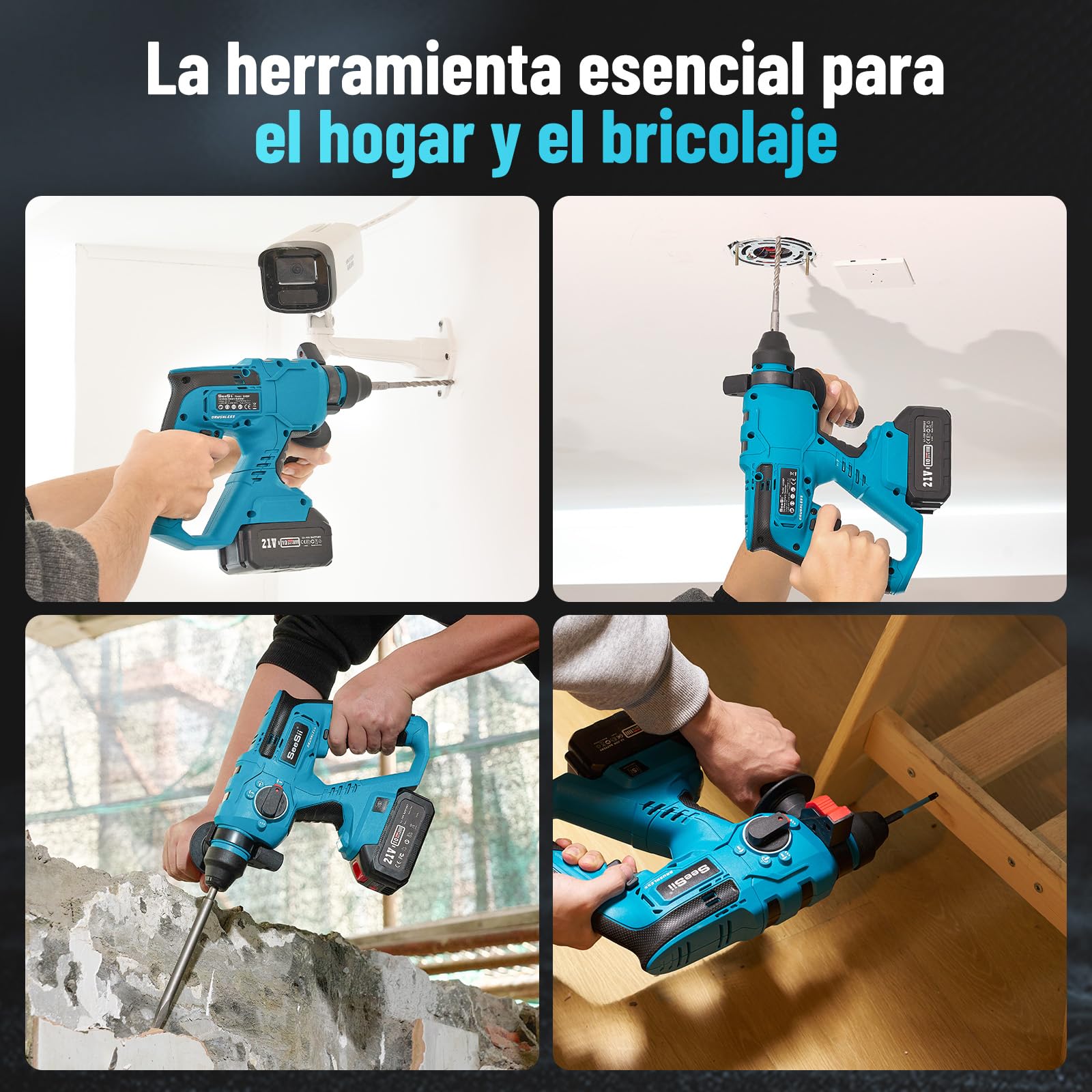 Seesii 4-in-1 Martillo Perforador a Bateria: SDS-plus, 2 x 4.0Ah Baterías, Motor sin Escobillas, 2.1J Juego de Martillo Percutor, en Renovaciones Domésticas y Para Aficionados al Bricolaje