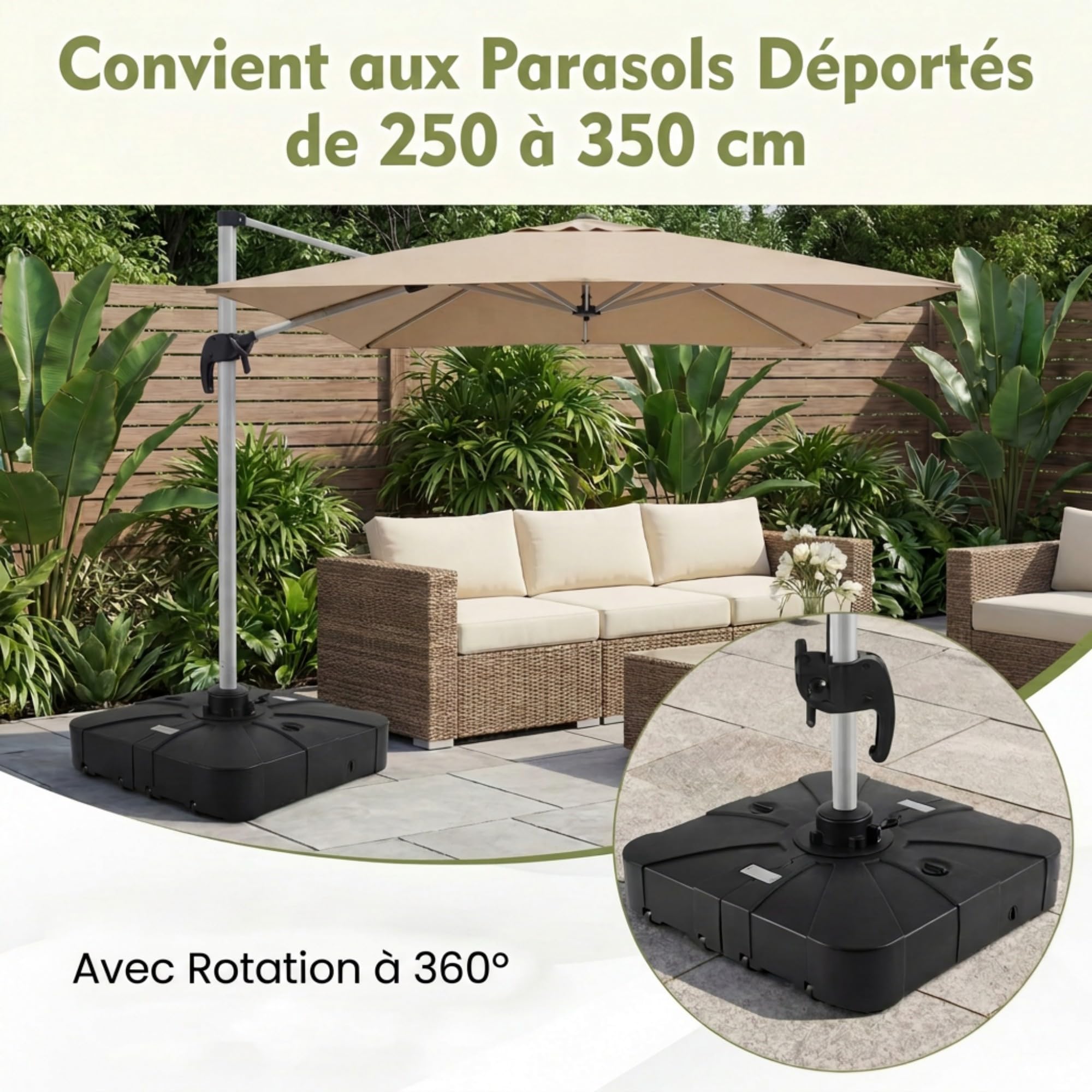 RELAX4LIFE Base de Parasol Déporté avec roulettes, HDPE 170 KG (Noir)