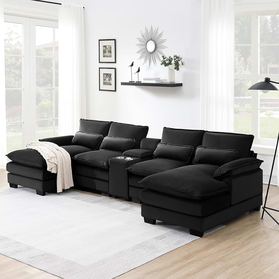 Sofá modular para sala de estar, sofá de nuvem em forma de U com console, porta-copos e portas de carregamento, sofá estofado reversível para apartamento - bege (preto)