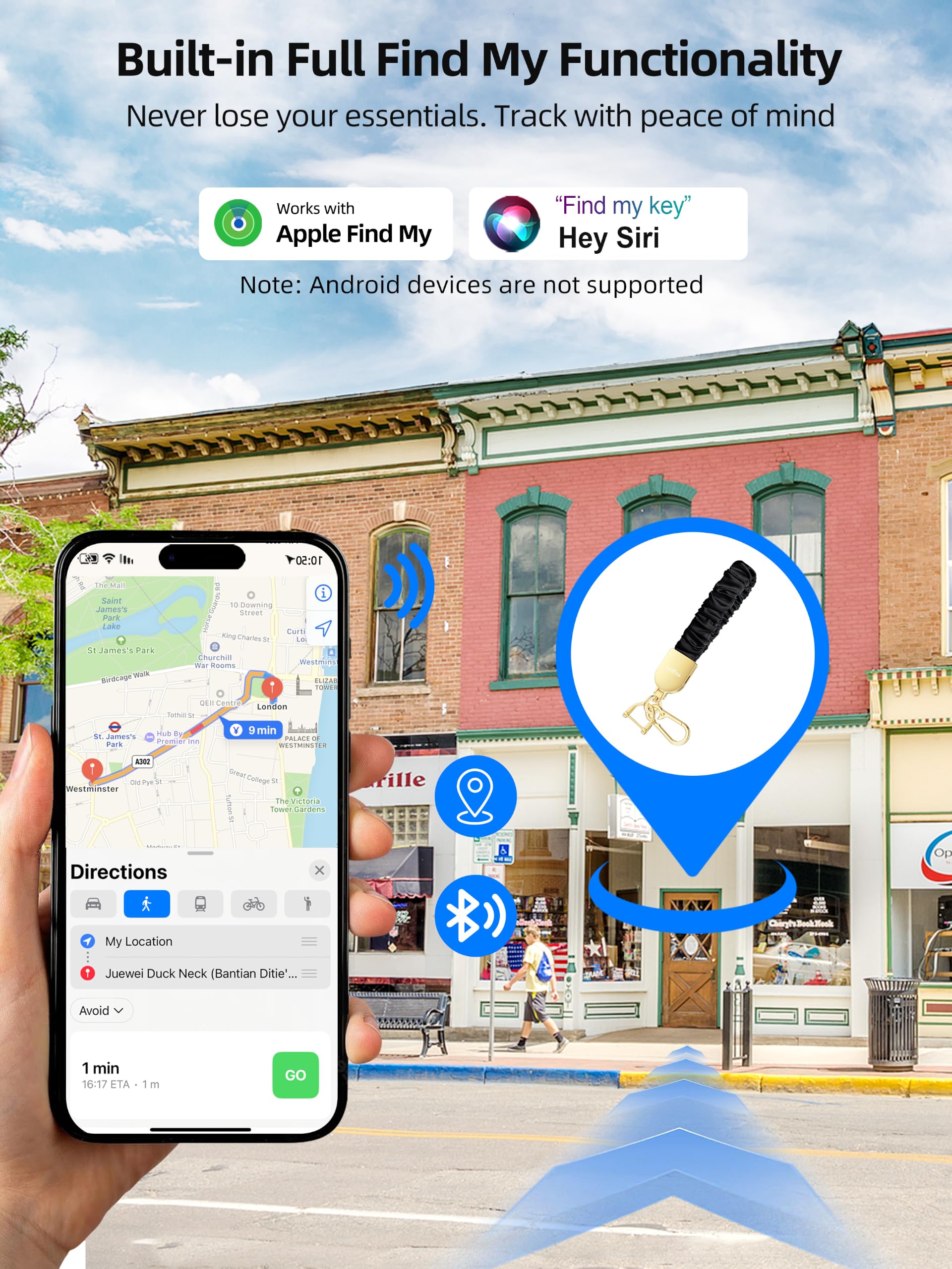 Portachiavi da polso, funziona con Apple Find My, elastico elastico per donne e uomini, portachiavi per auto con localizzatore GPS, cercatore di chiavi intelligenti, ricaricabile, nero e oro