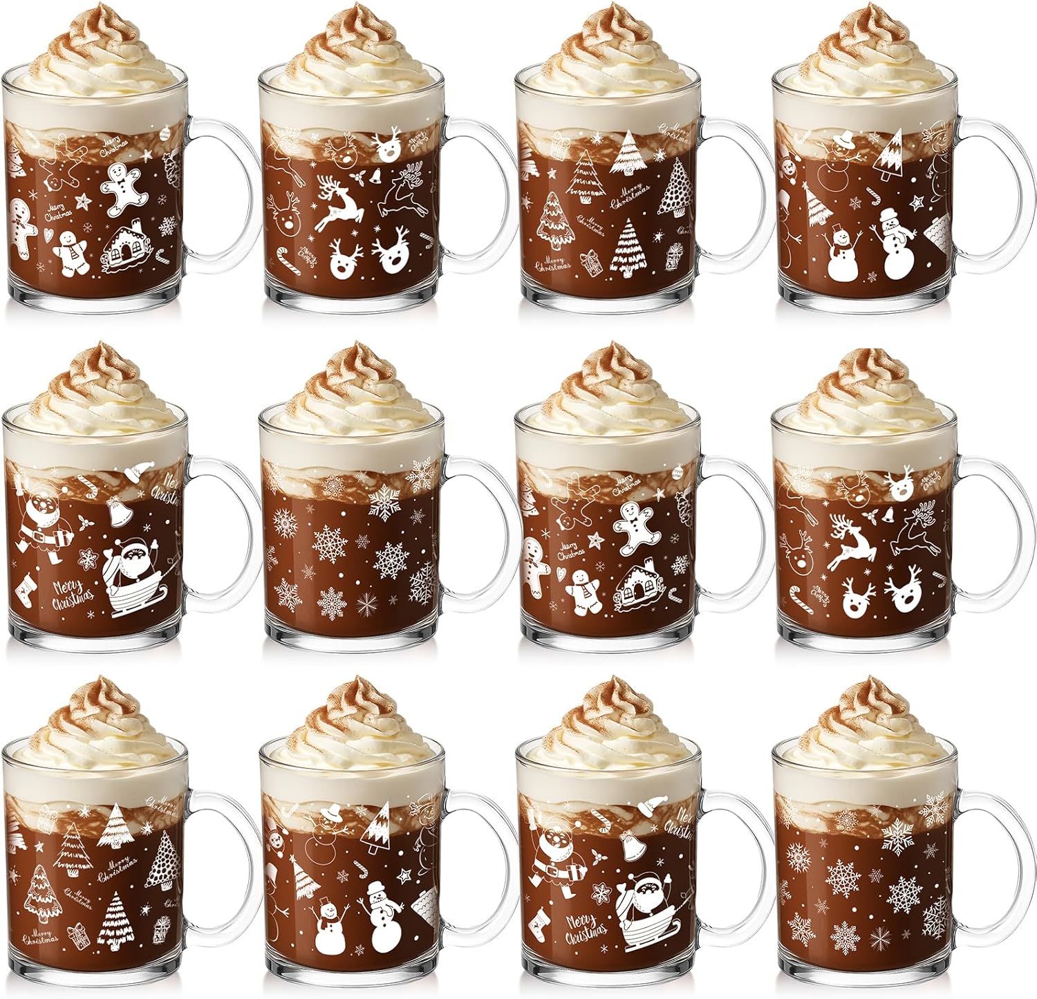 Baderke 12 Pcs Christmas Glass Mugs Set 12 oz Christmas Coffee Mugs with Handle Snowman Snowflake Coffee Cup Xmas Tree Santa Claus Cup for Hot Chocolate Women Men Gift (Winter)