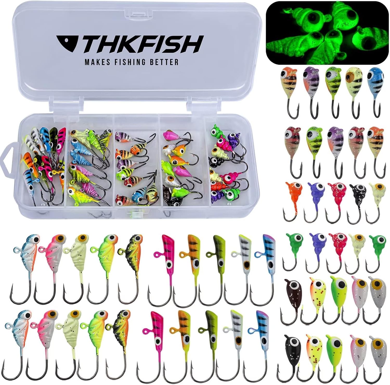 THKFISH 50Pcs/Box Ice Fishing Jigs Set Ice Fishing Lures Walleye Jigs