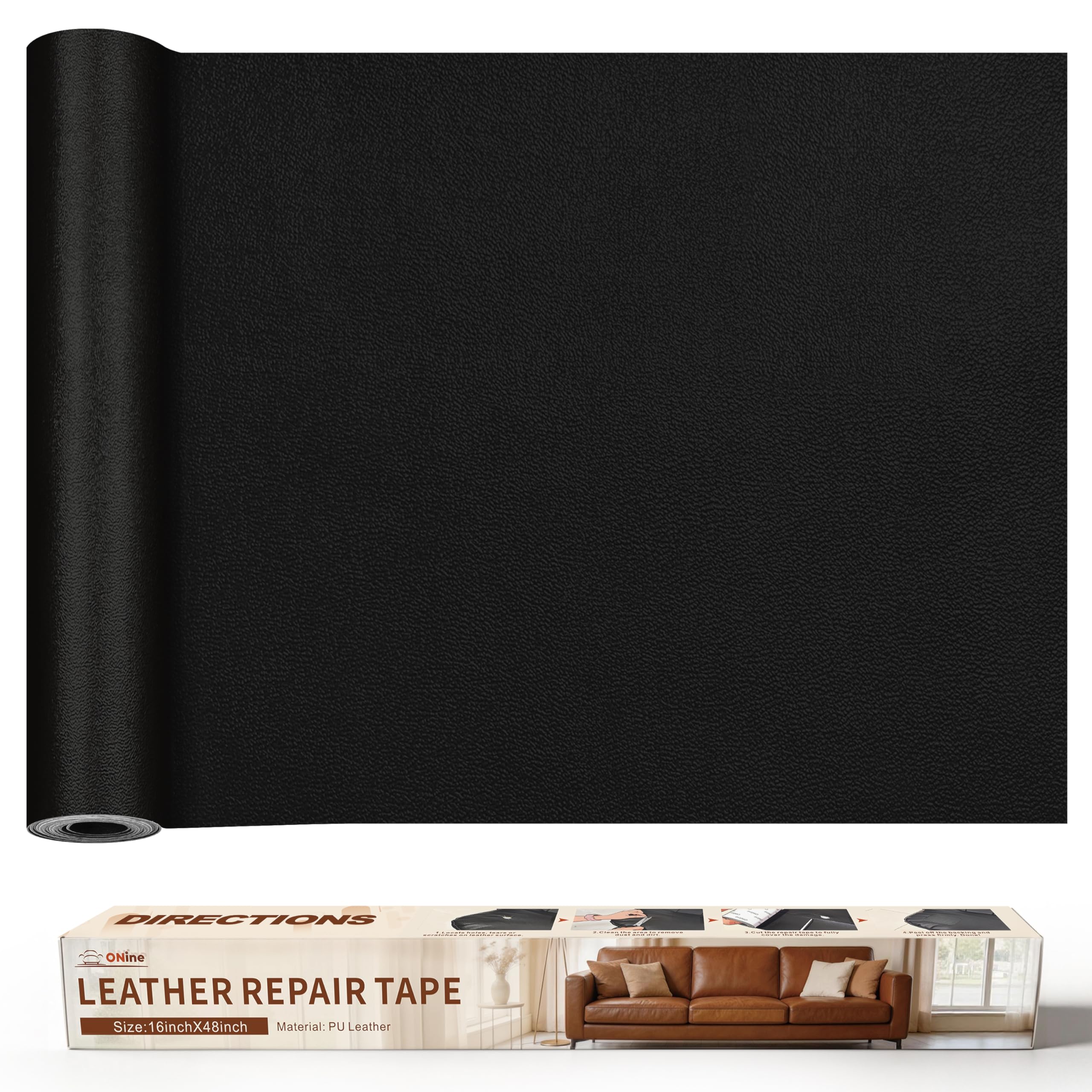 ONine Leather Repair Patch，Leather Repair Tape, 16 x 48 inches Leather Repair Patch for Furniture,Vinyl Repair kit，Leather Couch Patch，for Sofas, Furniture, car Seats(Black-Fine Grain)
