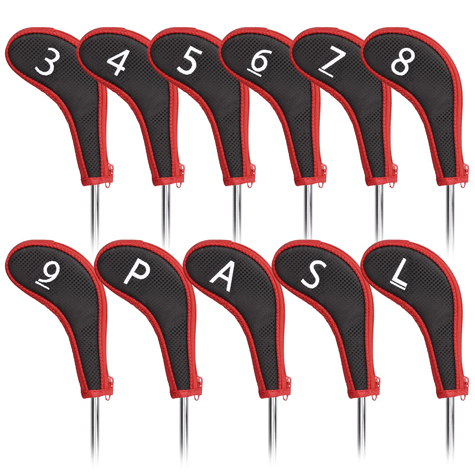 Craftsman Golf 11pcs/Set Golf Club Sock Iron Head Covers Headcover with No. on Both Sides for Right and Left Handed Golfer Zipper Closure Black & Red