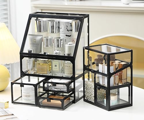 Miniatura 4 de MOOCHI Golden 3 organizadores de maquillaje para Vantity, vidrio templado de lujo, organizador de cuidado de la piel, cajones, organizador de