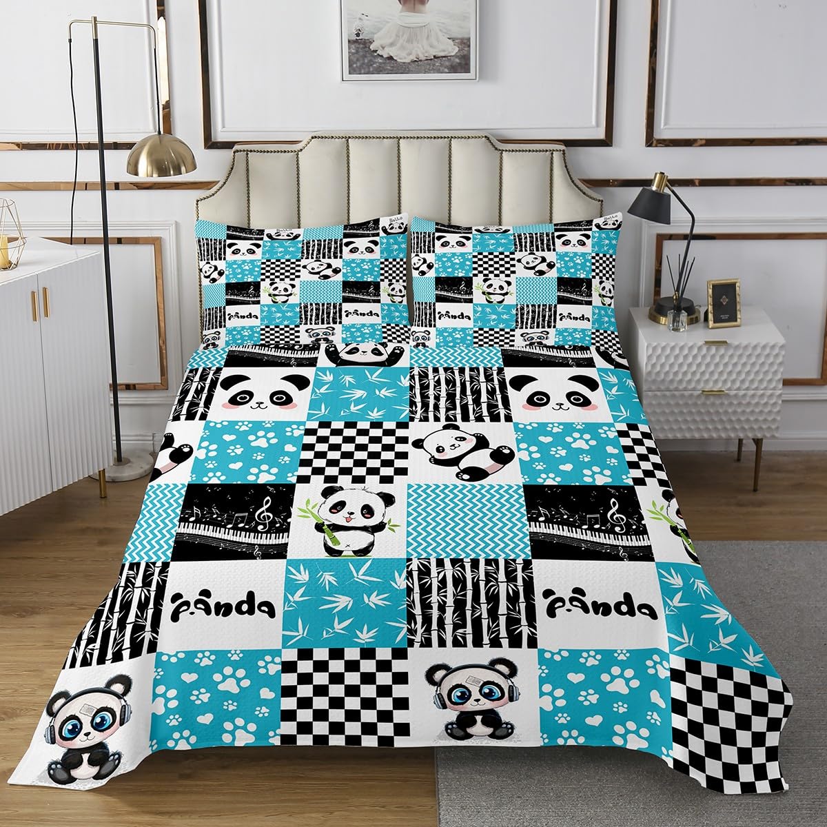 Manfei Cute Panda Bedspread King Size Bamboo Leaf Musical Note Paw Print Coverlet Set 3pcs for Kids Boys Girls Black White Blue Plaid Print Quilted Coverlet Animal Bedding Quilt with 2 Pillowcases