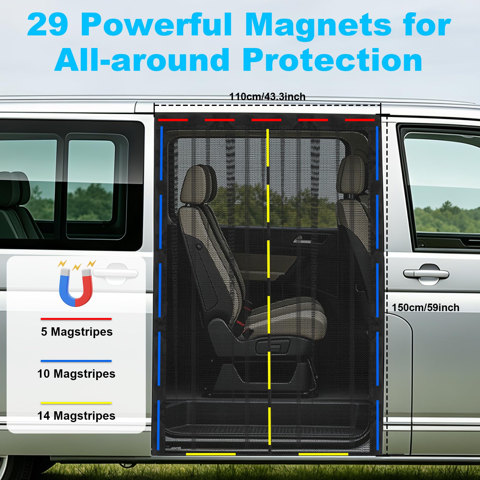 Moskitonetz Magnetisch für Schiebetür, Auto-Fliegengitter mit Insektenschutz und Sonnenschutz, Seitentür Schattennetz Camping, Magnetic Closure für Insektenschutz Auto, 150 * 110 cm