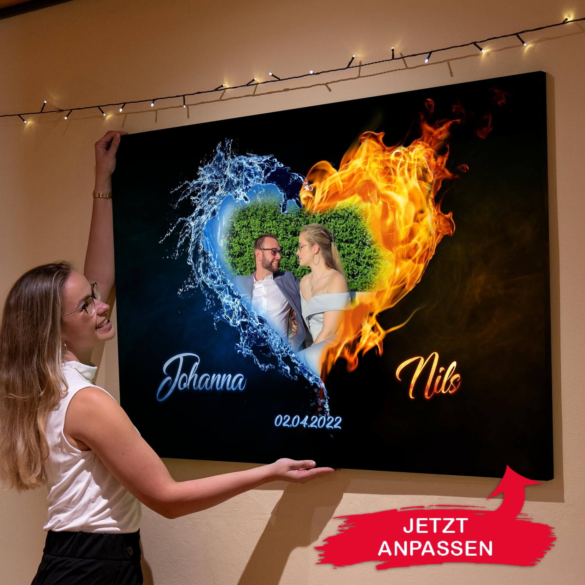 Liebesleinwand Personalisiertes Fotogeschenk für Partner Geschenk Jahrestag, Verlobung, Hochzeitstag | Leinwandbild mit eigenem Foto romantisch gestalten | Elemente der Liebe