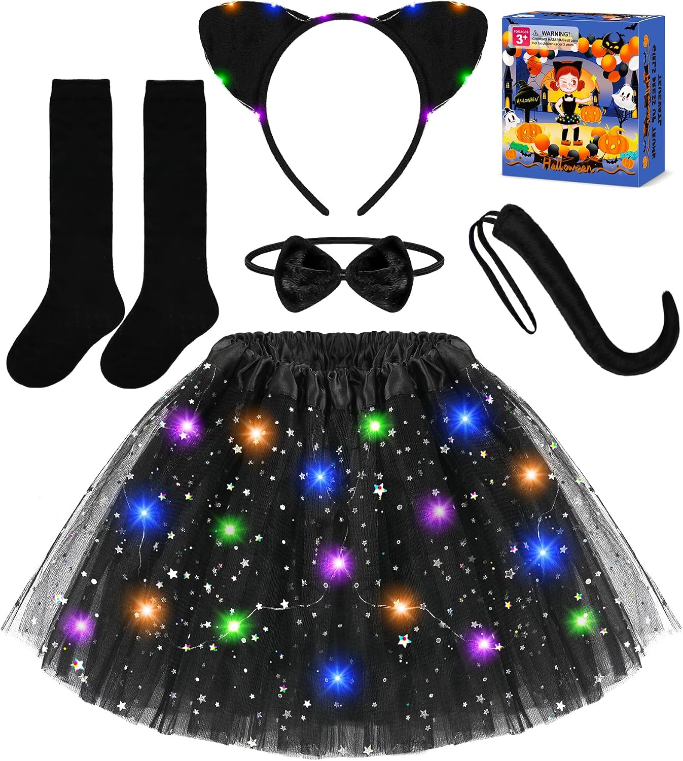 Black Cat Costume for Girls, Halloween Costume for Kids Light Up Tutu Skirt