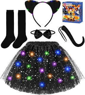 Black Cat Costume for Girls, Halloween Costume for Kids Light Up Tutu Skirt | Toddler Girl Halloween Costume, Halloween Costumes for Kids Girls Dress Up Light Up Tutu Skirt Cat Ears for Kids 3 4 5 6 7 8