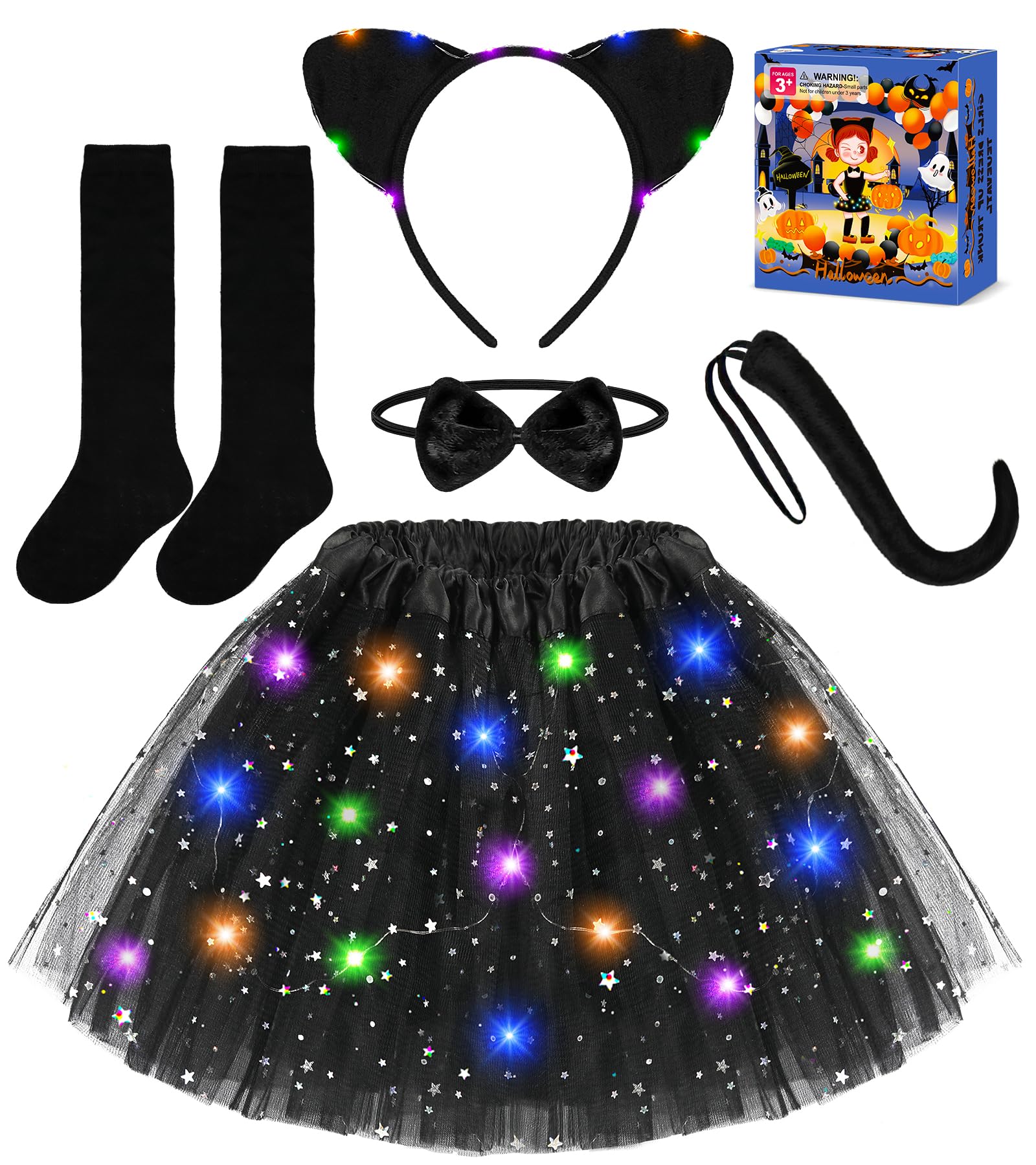 Black Cat Costume for Girls, Halloween Costume for Kids Light Up Tutu Skirt | Kids Girls Halloween Costume, Halloween Costumes for Kids Girls Dress Up Light Up Tutu Skirt Cat Ears for Kids 3 4 5 6 7 8