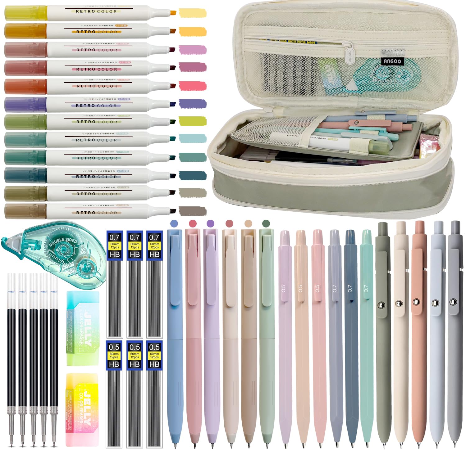 44 PCS Aesthetic School Supplies with Pencil Case, 12 Pastel Highlighters, 5 Black Ink Gel Pens, 6 Colored Gel Pens